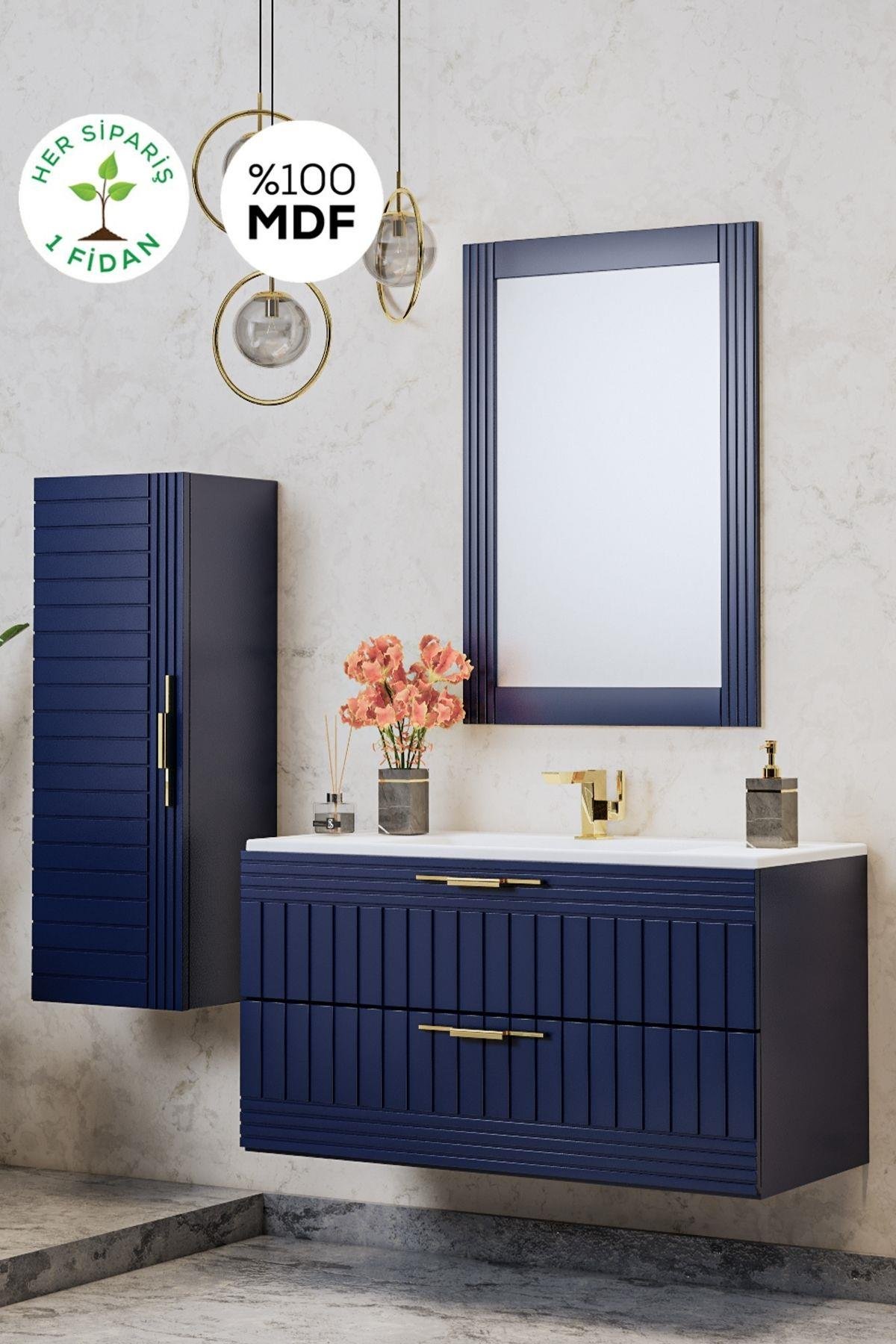 ERGUVAN LACİVERT 100 Cm Banyo Dolabı Ayna Lavabo Boy Dolabı