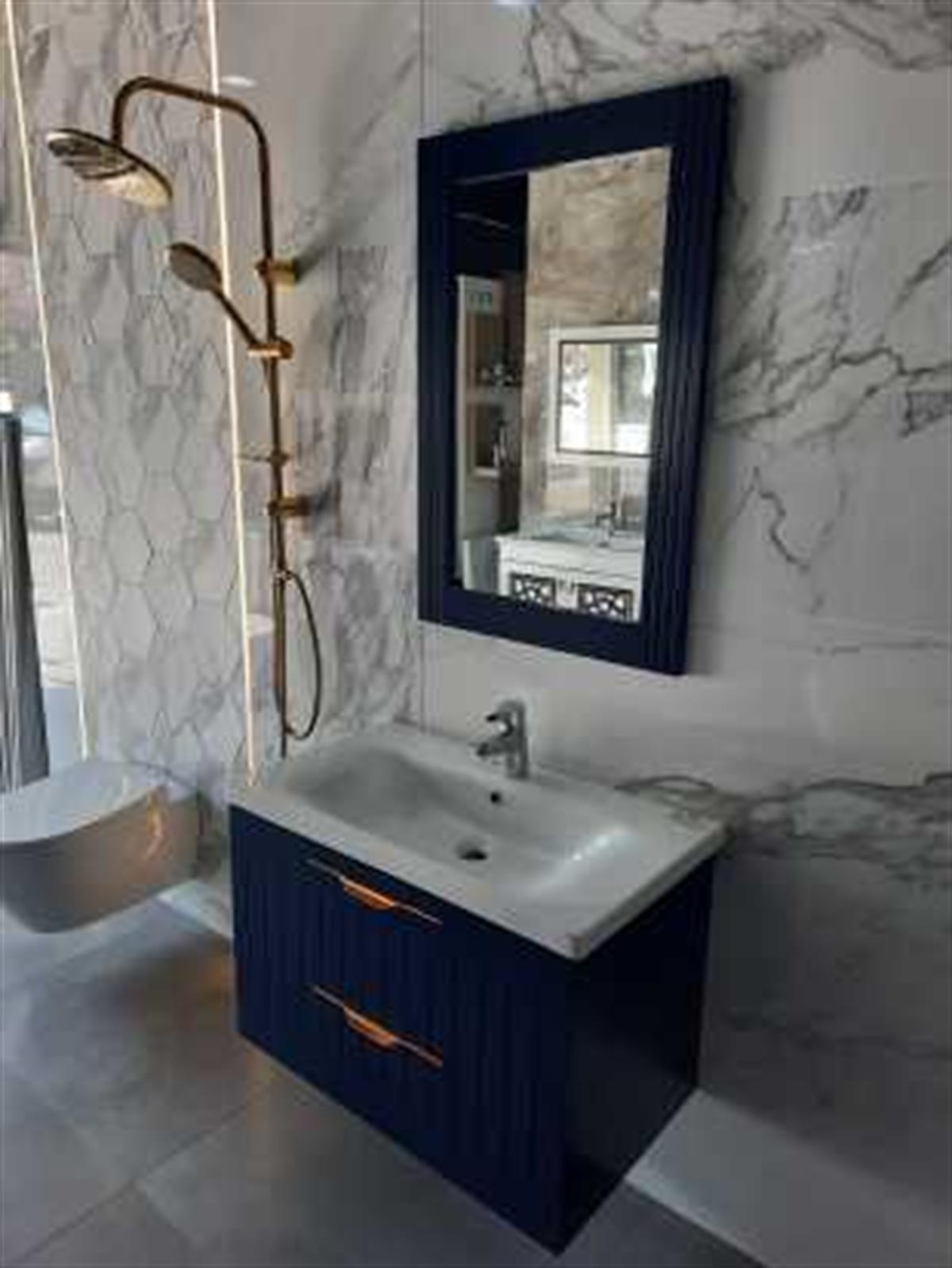 ERGUVAN MAVİ 100 Cm Banyo Dolabı Ayna Lavabo Boy Dolabı