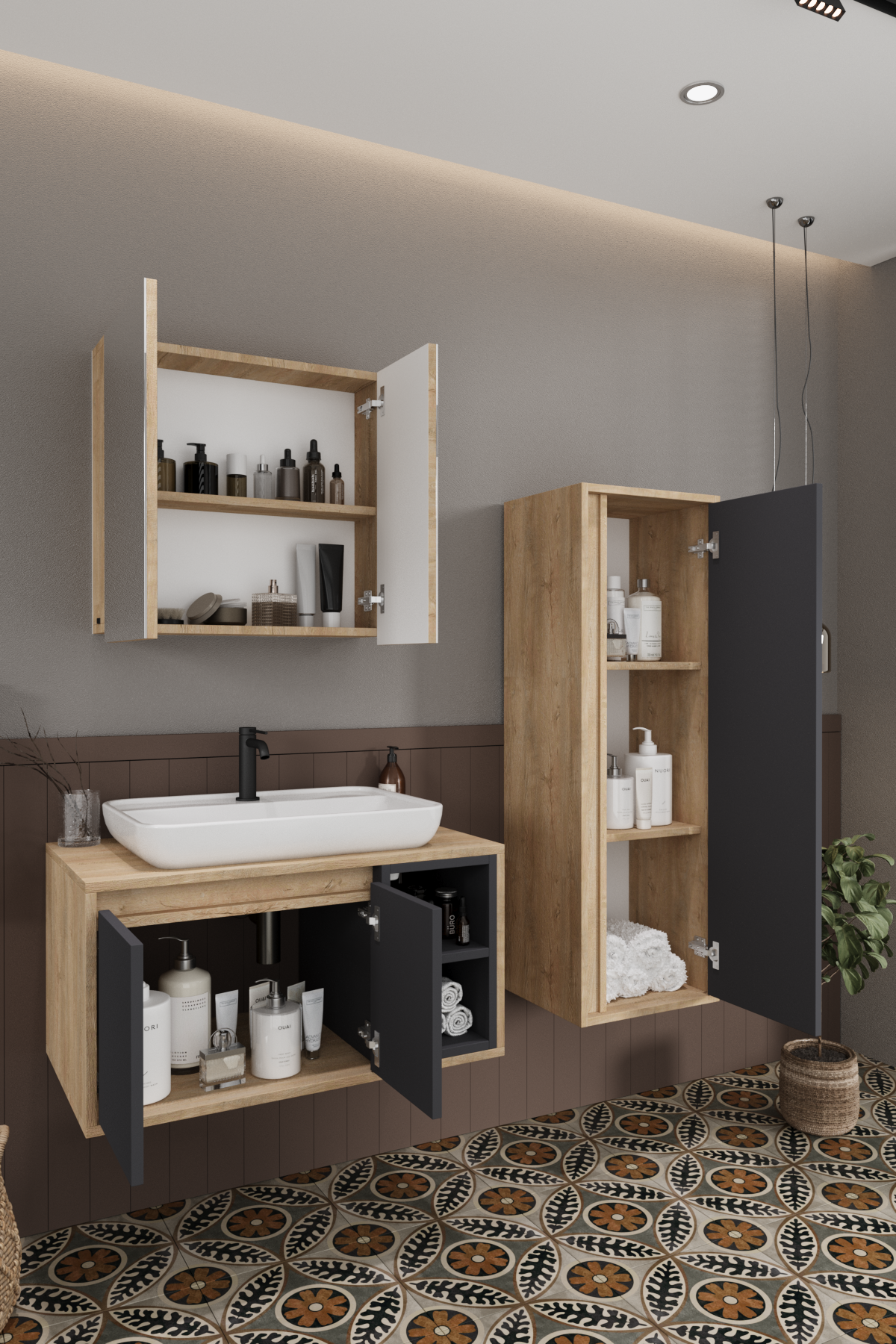 Lale 80 Cm  %100 Mdf Lavabolu Banyo Dolabı + Aynalı Dolap+ Boy Dolabı__BALNEOM_Lale 80 cm set
