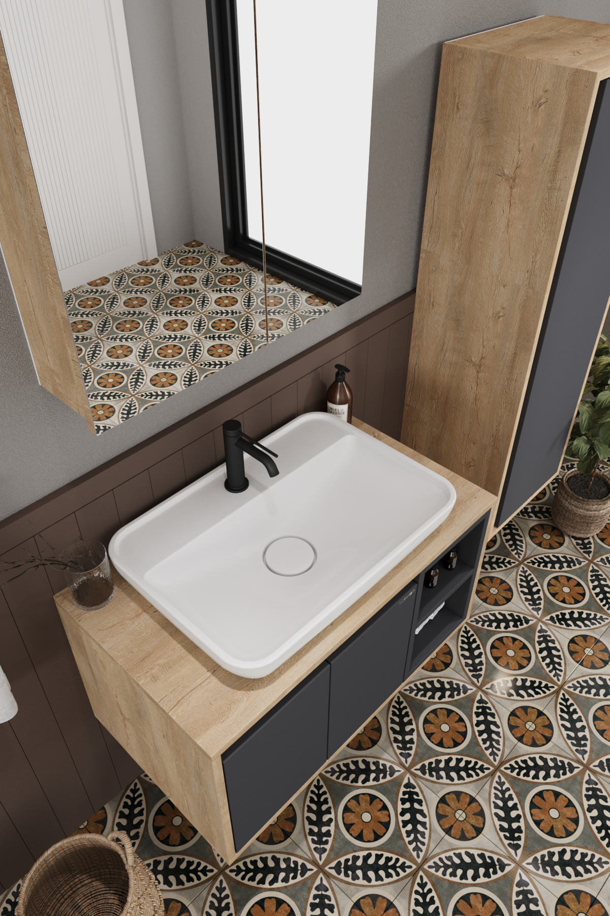 Lale 80 Cm  %100 Mdf Lavabolu Banyo Dolabı + Aynalı Dolap+ Boy Dolabı__BALNEOM_Lale 80 cm set