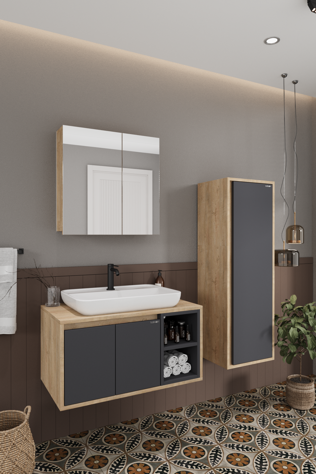 Lale 80 Cm  %100 Mdf Lavabolu Banyo Dolabı + Aynalı Dolap+ Boy Dolabı__BALNEOM_Lale 80 cm set