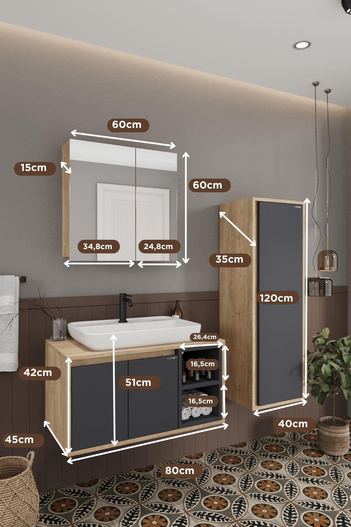 Lale 80 Cm  %100 Mdf Lavabolu Banyo Dolabı + Aynalı Dolap+ Boy Dolabı__BALNEOM_Lale 80 cm set