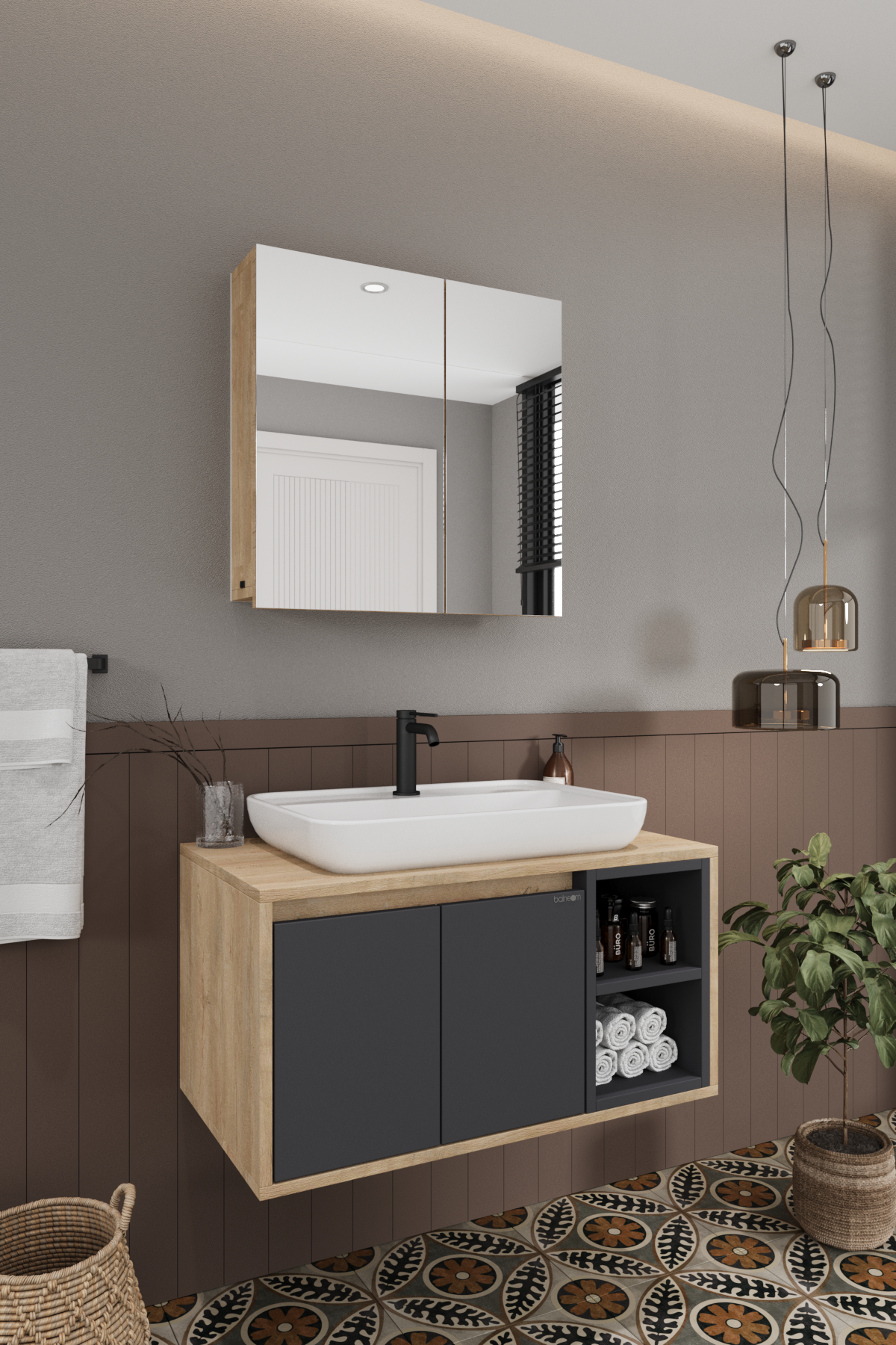Lale 80 Cm %100 Mdf Lavabolu Banyo Dolabı + Aynalı Dolap__BALNEOM_Lale 80 cm