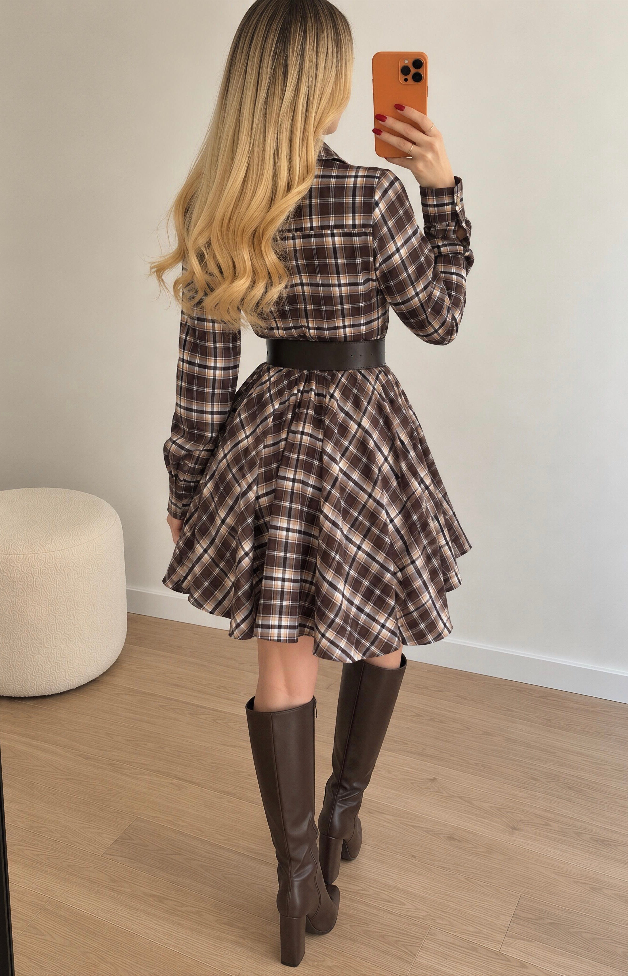Autumn Muse Kemerli Ekose Elbise