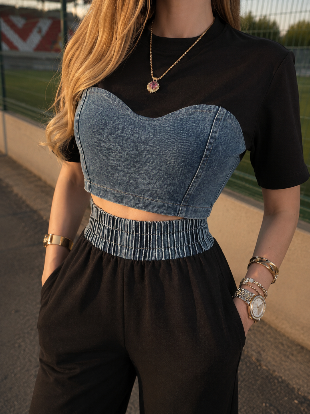 Blue Form Denim Contrast Takım