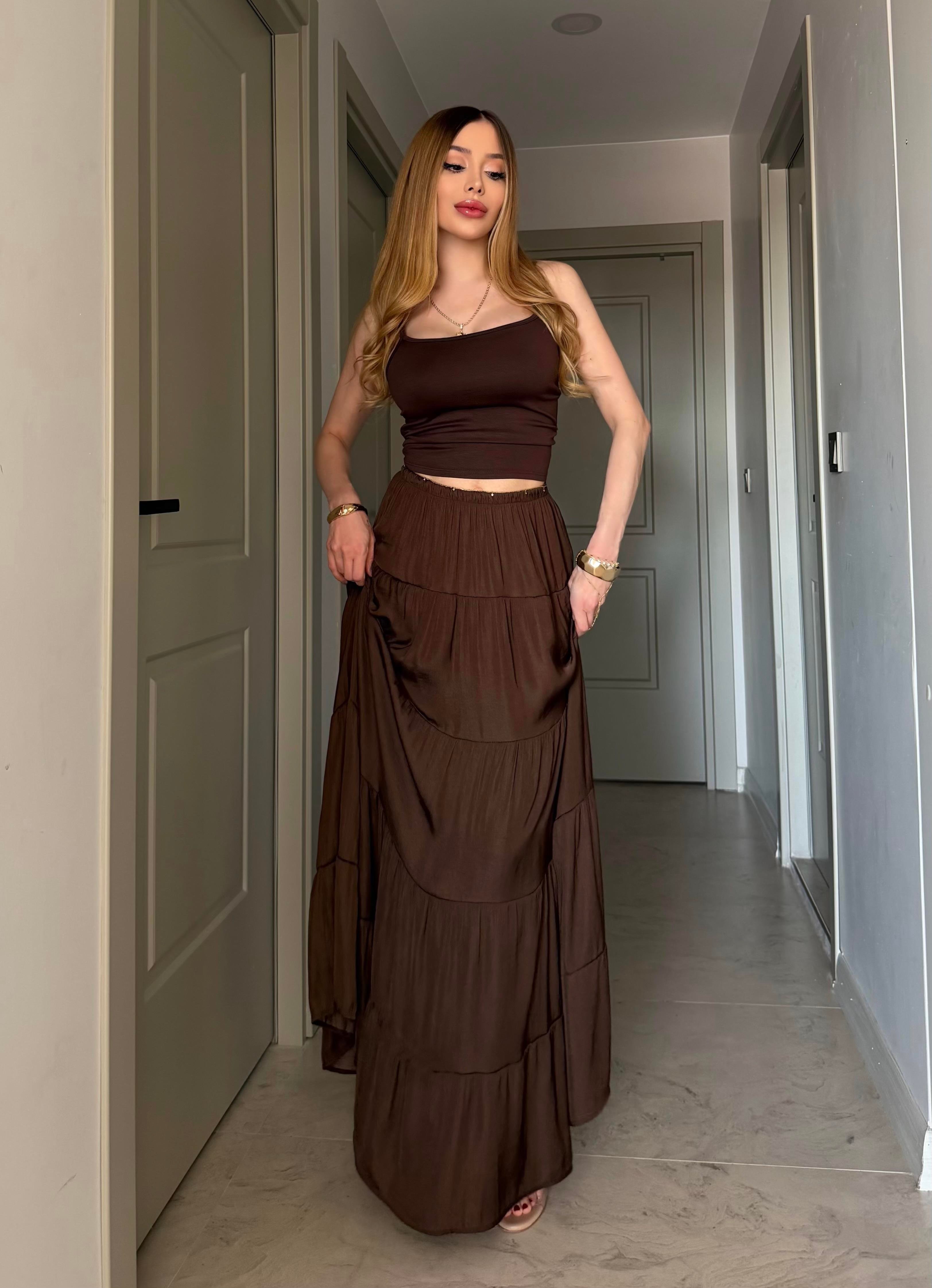 Boheme Flow Katlı Maxi Etek Kahve