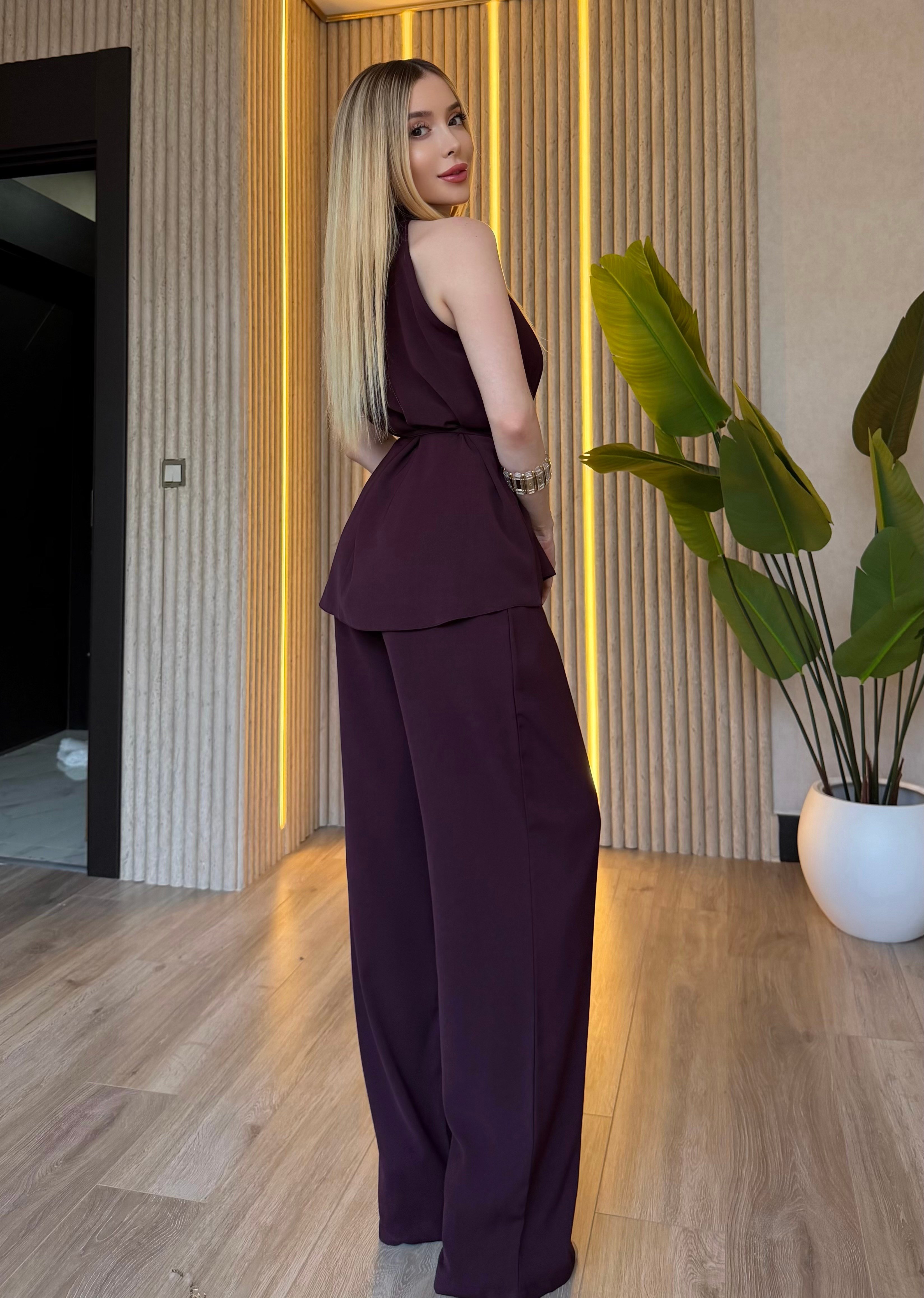 Clarisse Sıfır Kol Bel Bağlamalı Tasarım Takım Mürdüm