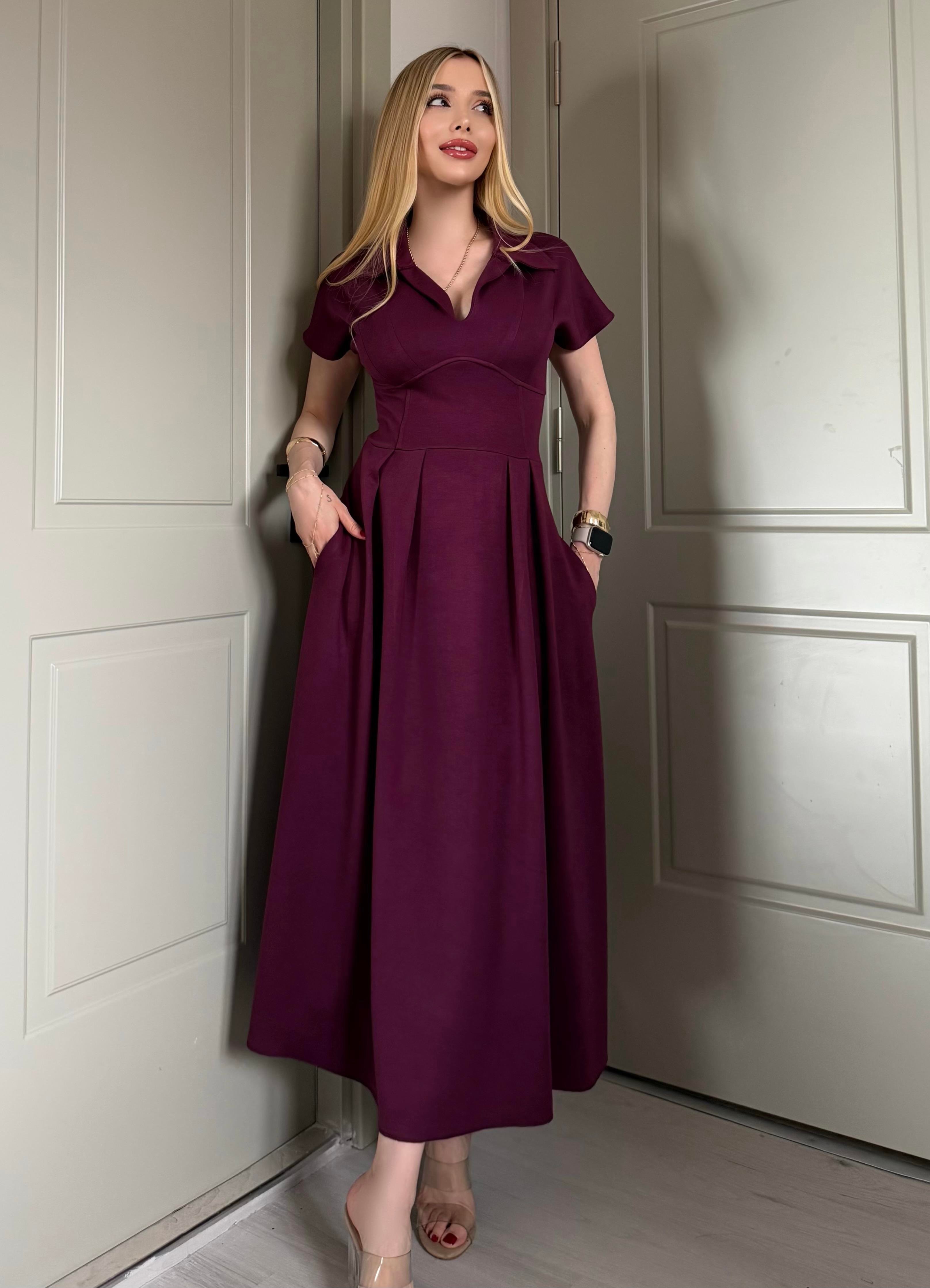 Classique Modal Touch Midi Elbise Mürdüm