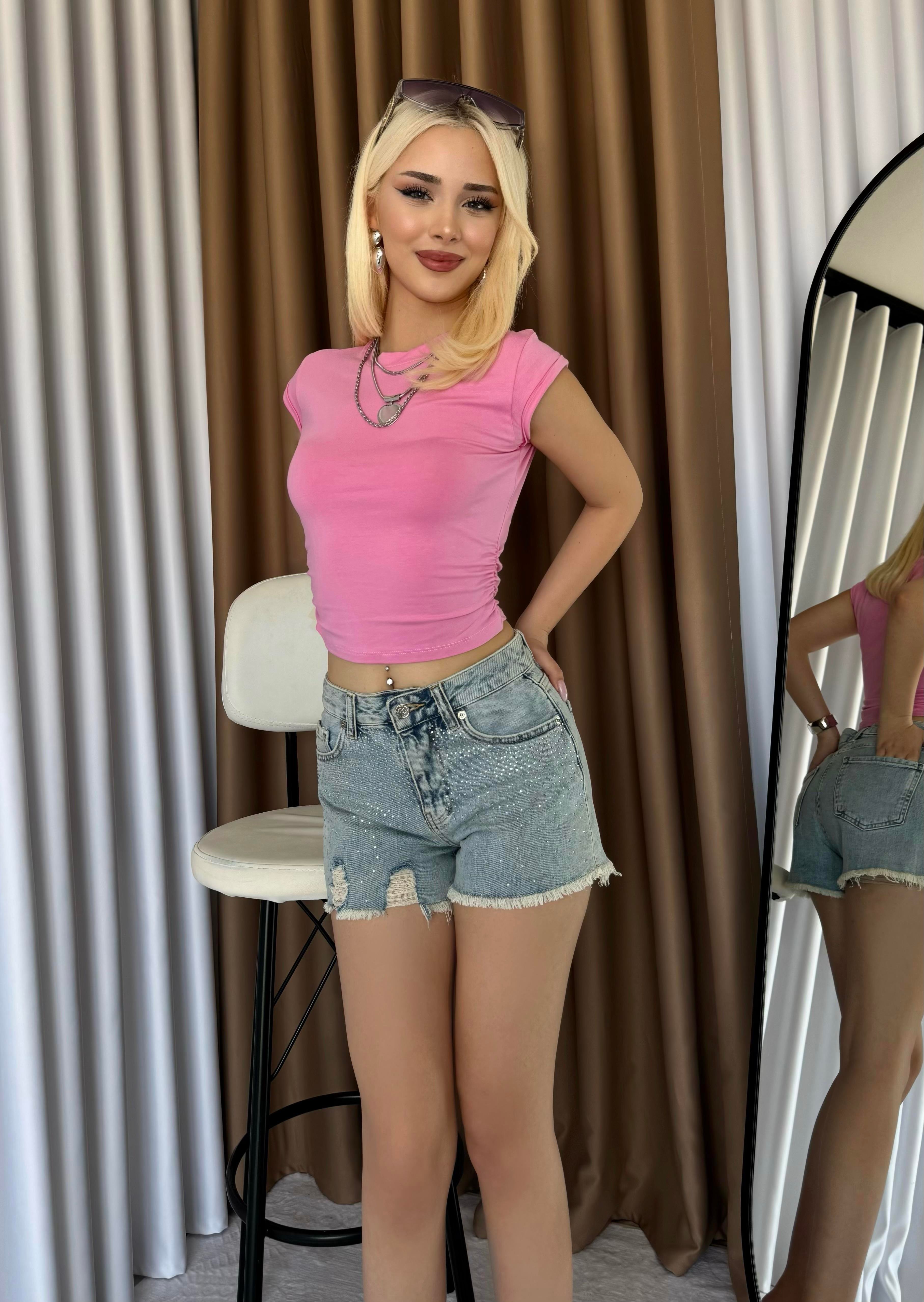 Crystal Touch Yüksek Bel Taş İşlemeli Denim Şort