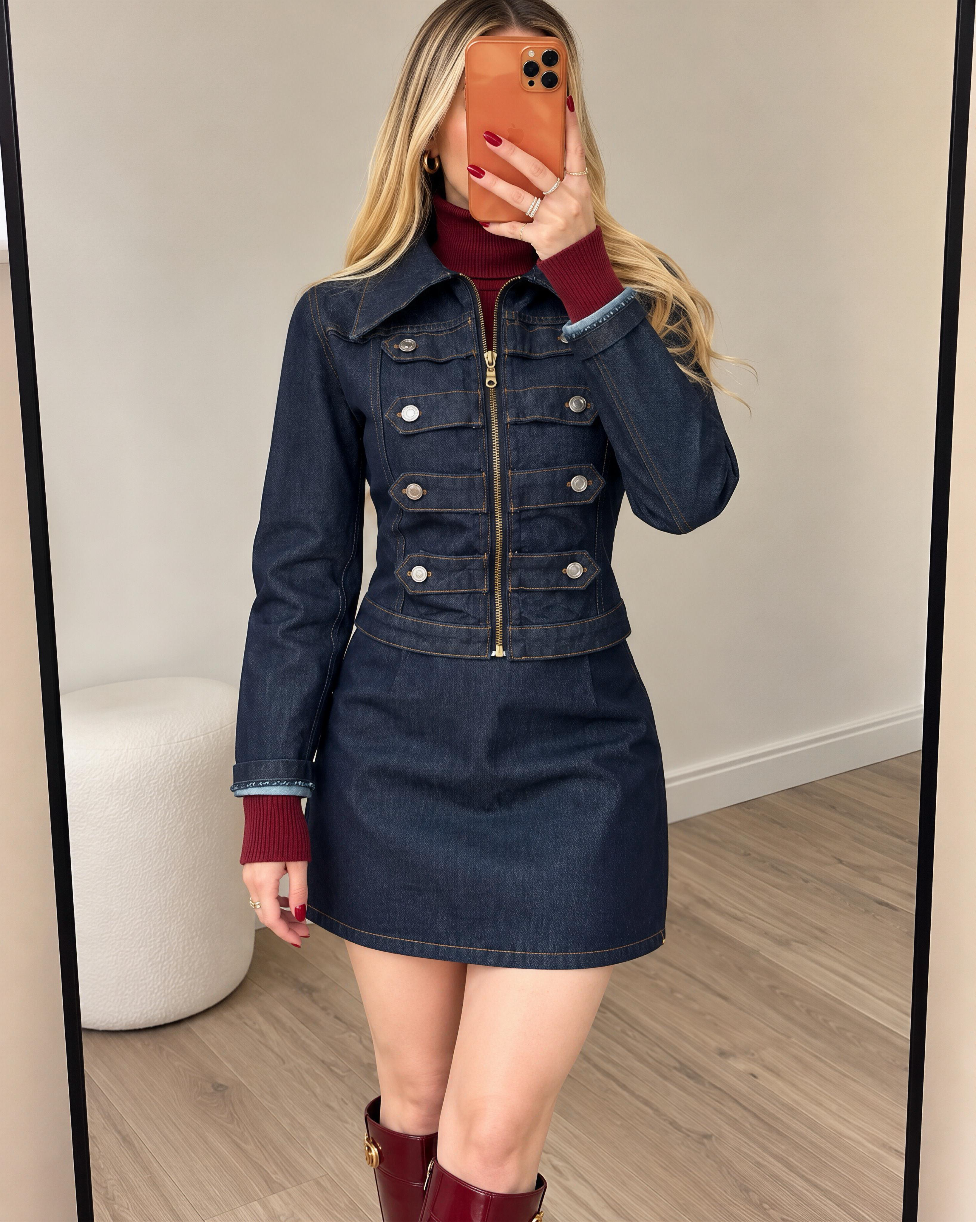 Denim Düğme Detaylı Ceket & Etek Takım