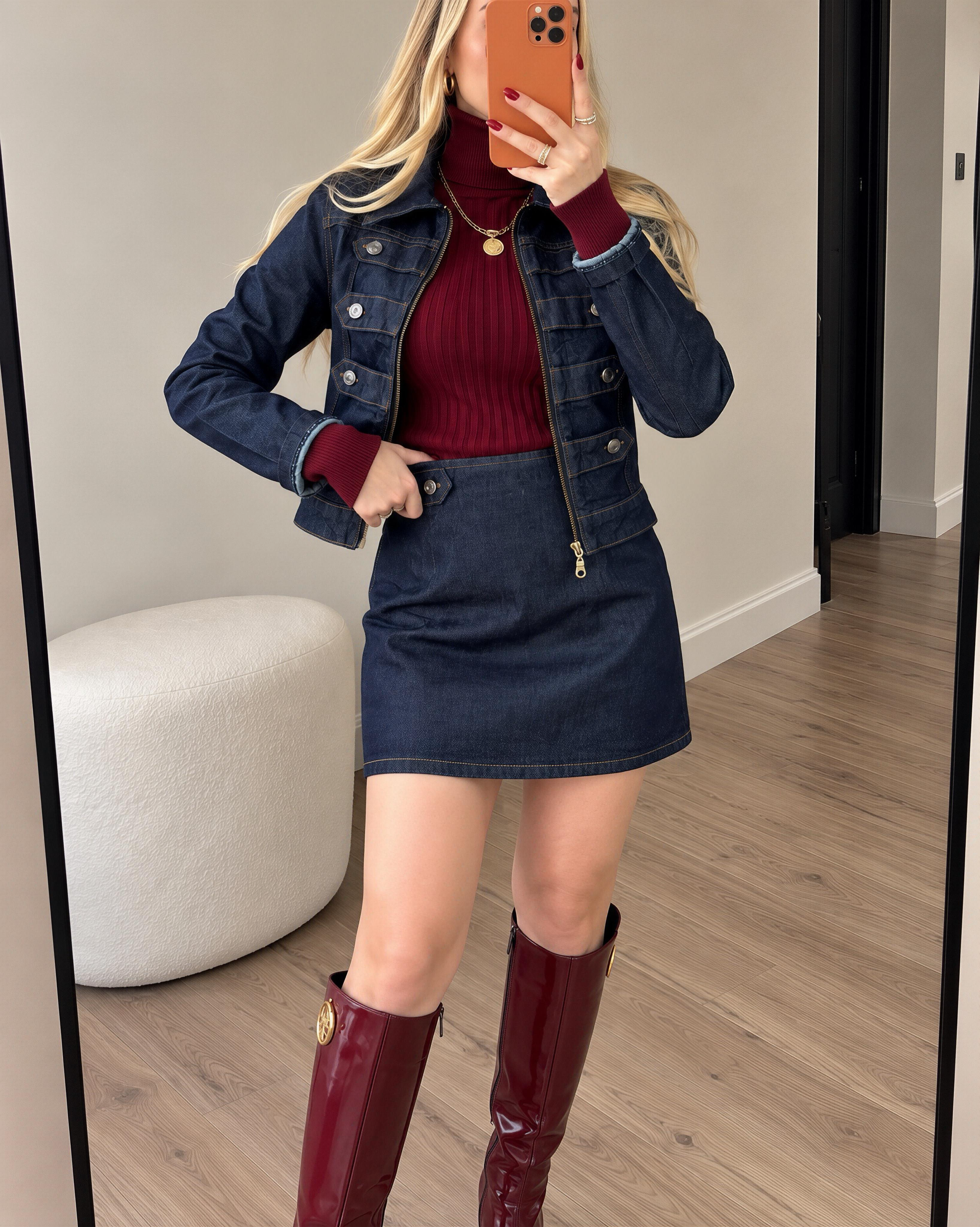 Denim Düğme Detaylı Ceket & Etek Takım