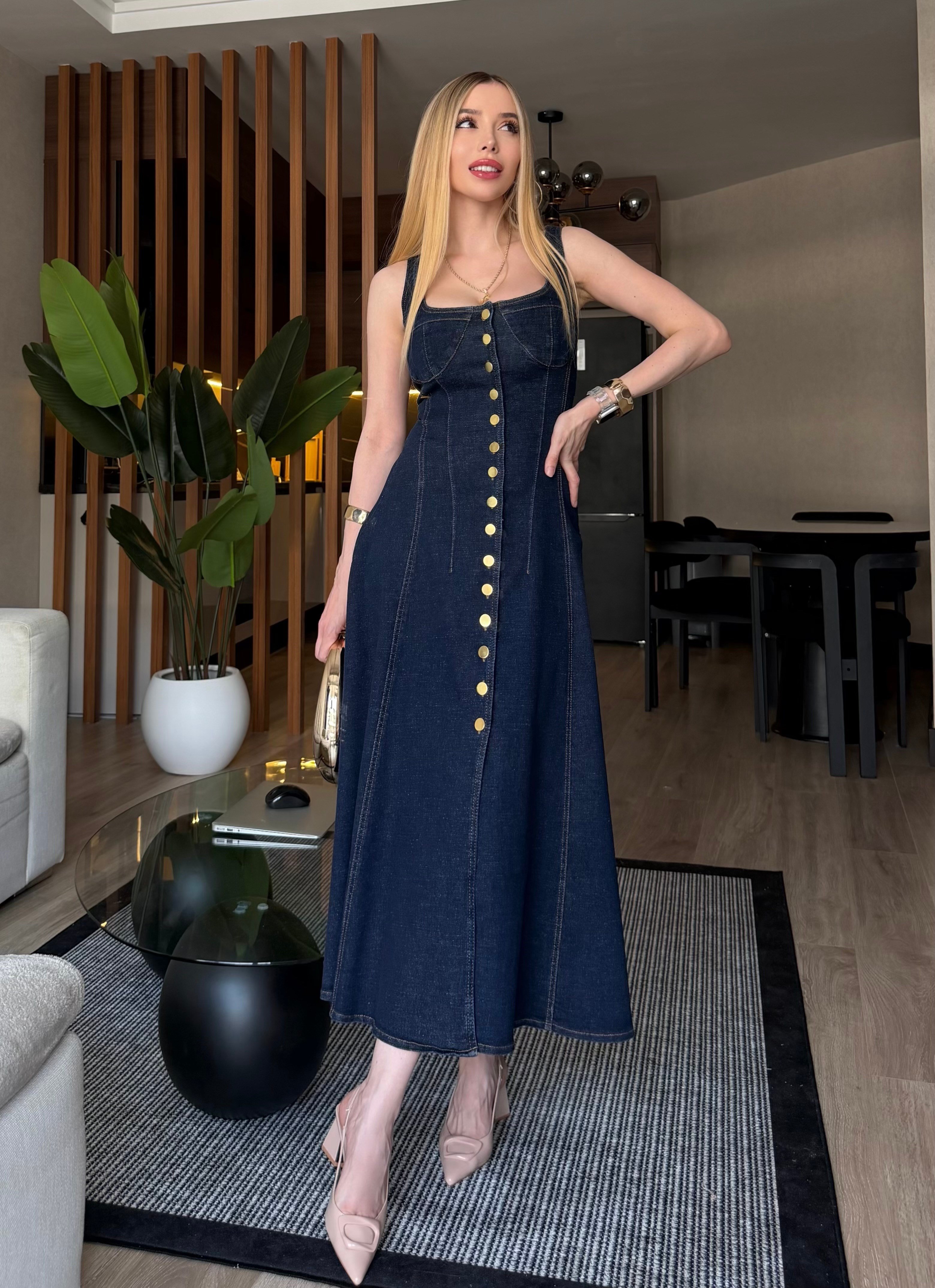 Denim Grace Korsaj Detaylı Düğmeli Midi Elbise