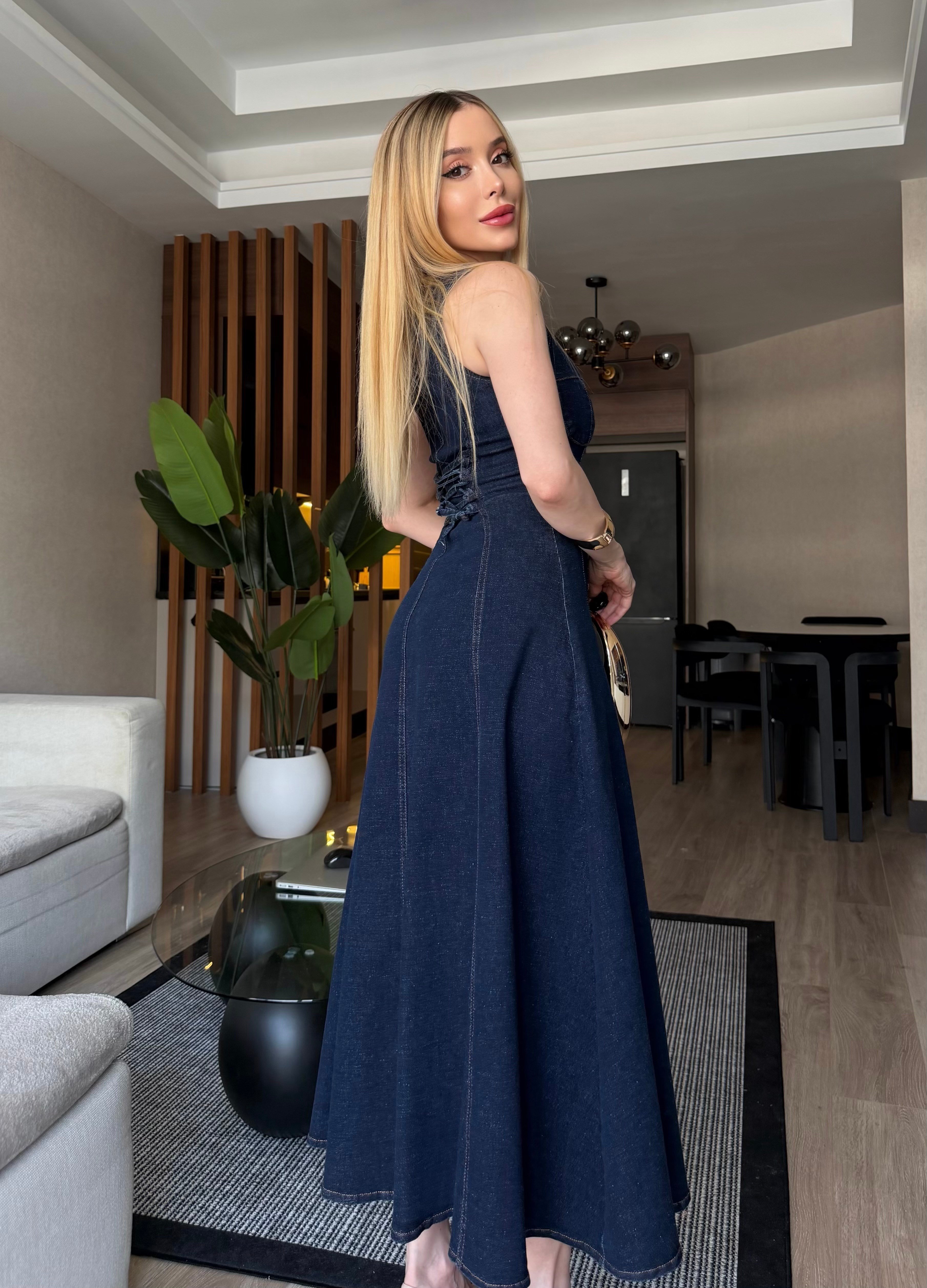 Denim Grace Korsaj Detaylı Düğmeli Midi Elbise