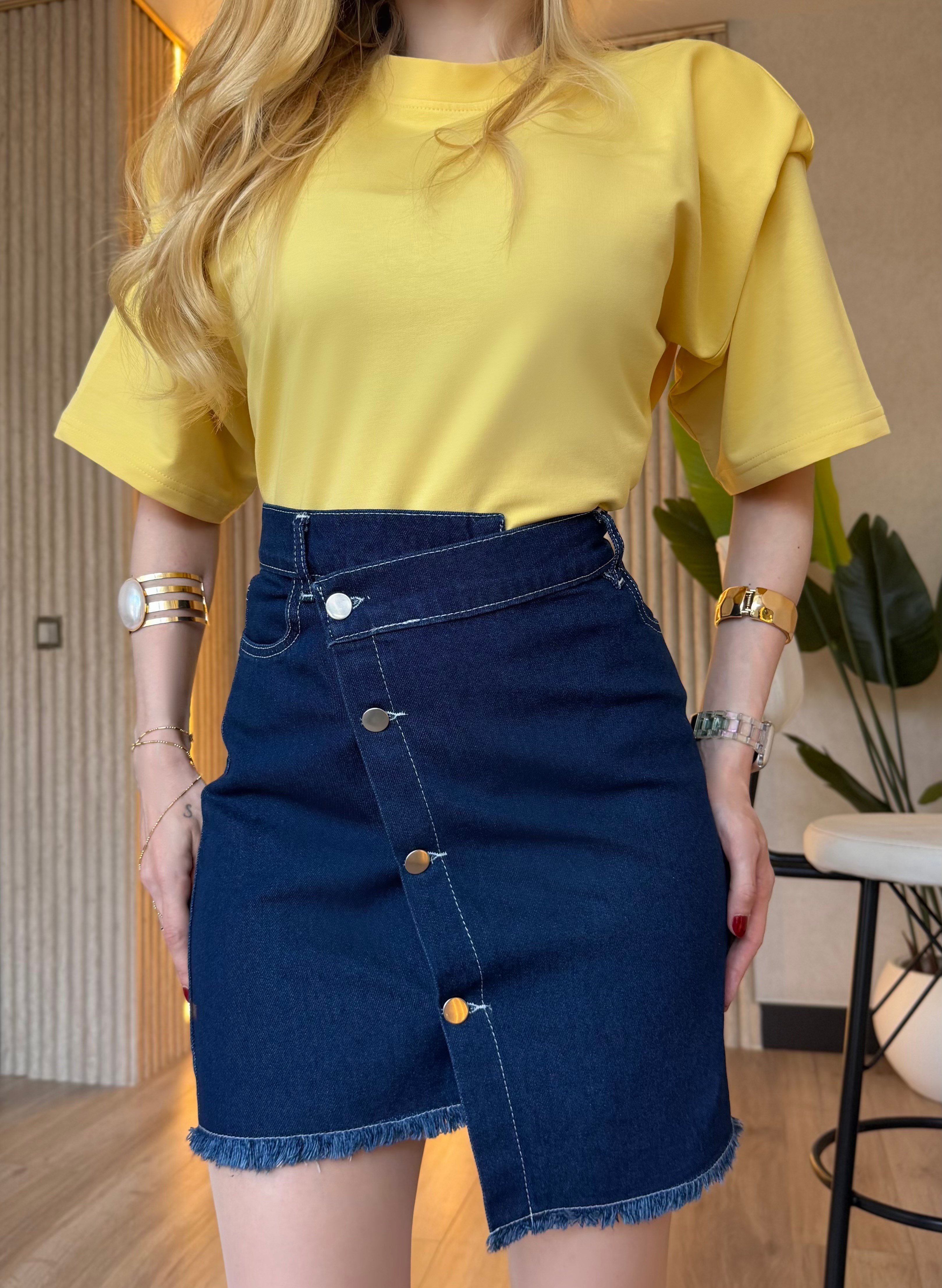 Denim Mood Vatkalı Oversize Tişört Denim Etek Takım