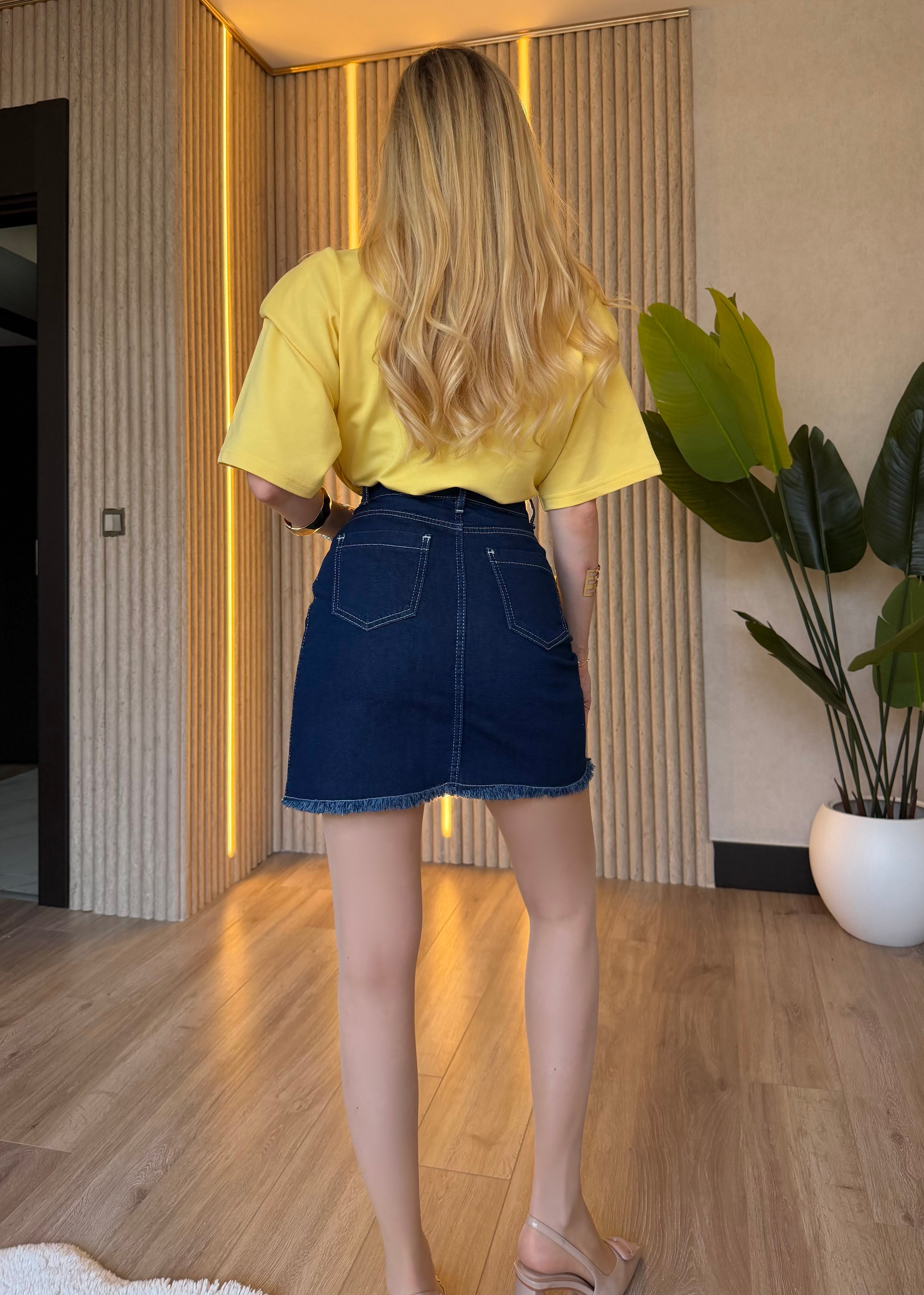 Denim Mood Vatkalı Oversize Tişört Denim Etek Takım