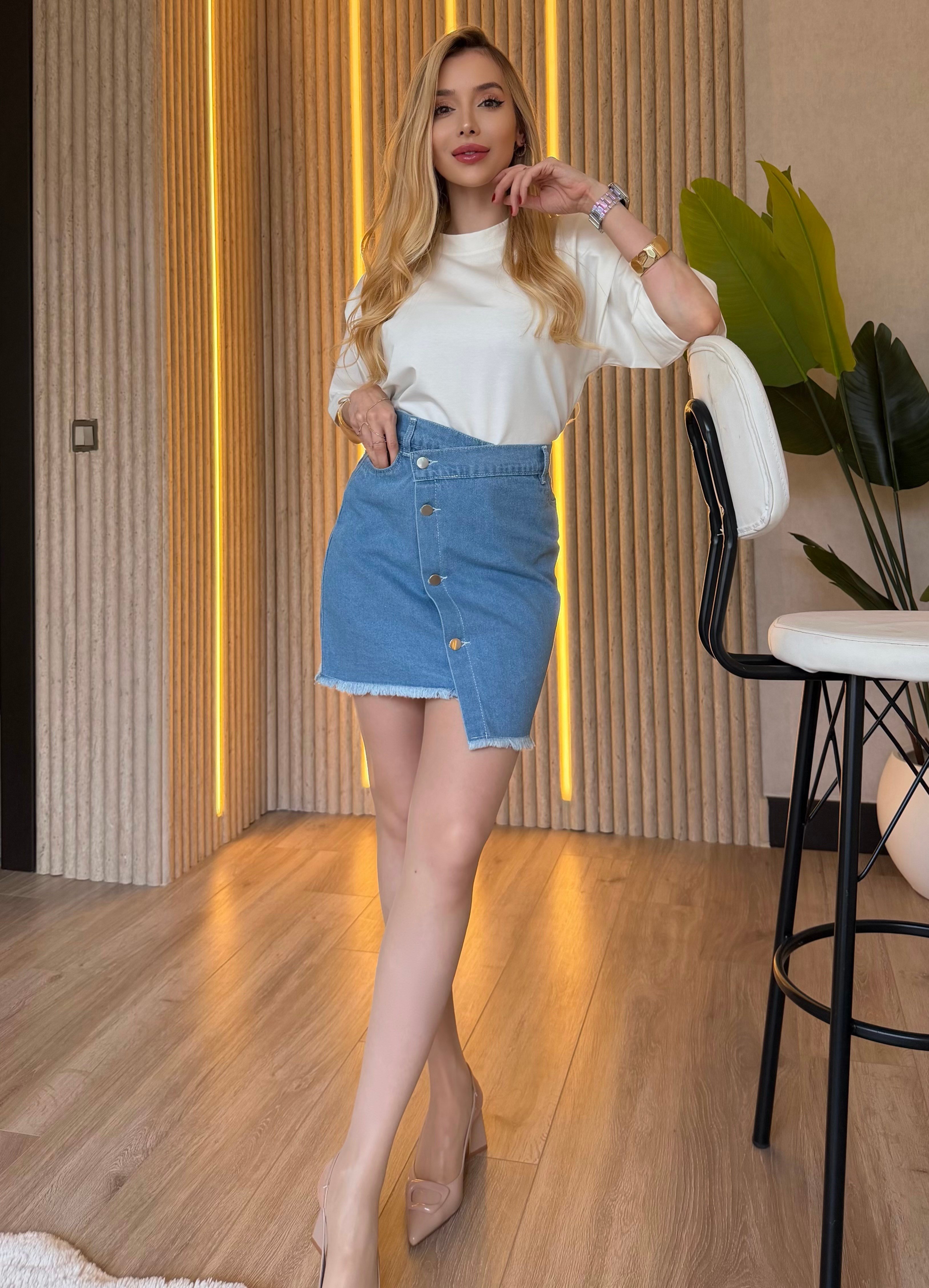 Denim Mood Vatkalı Oversize Tişört Denim Etek Takım