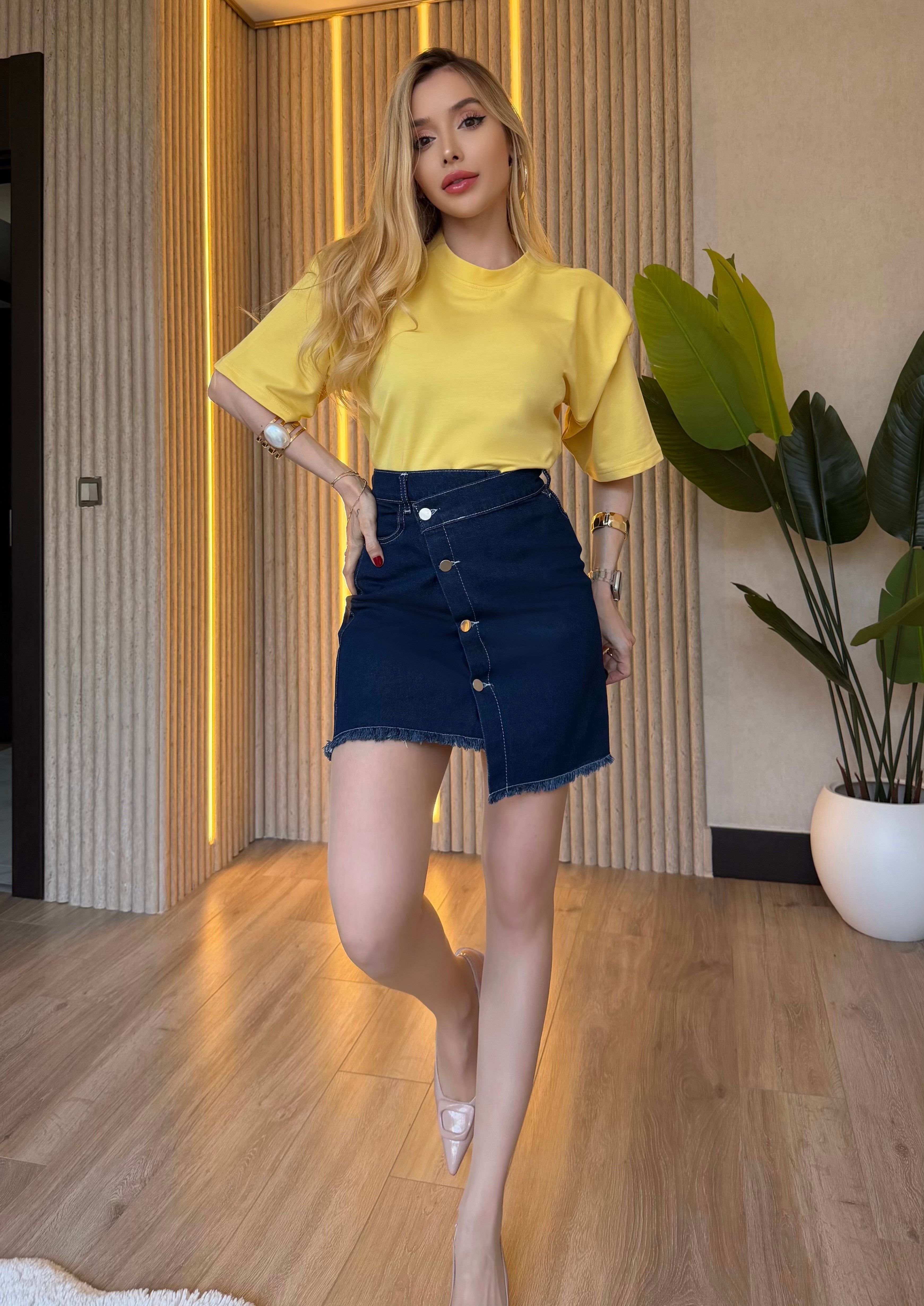 Denim Mood Vatkalı Oversize Tişört Denim Etek Takım