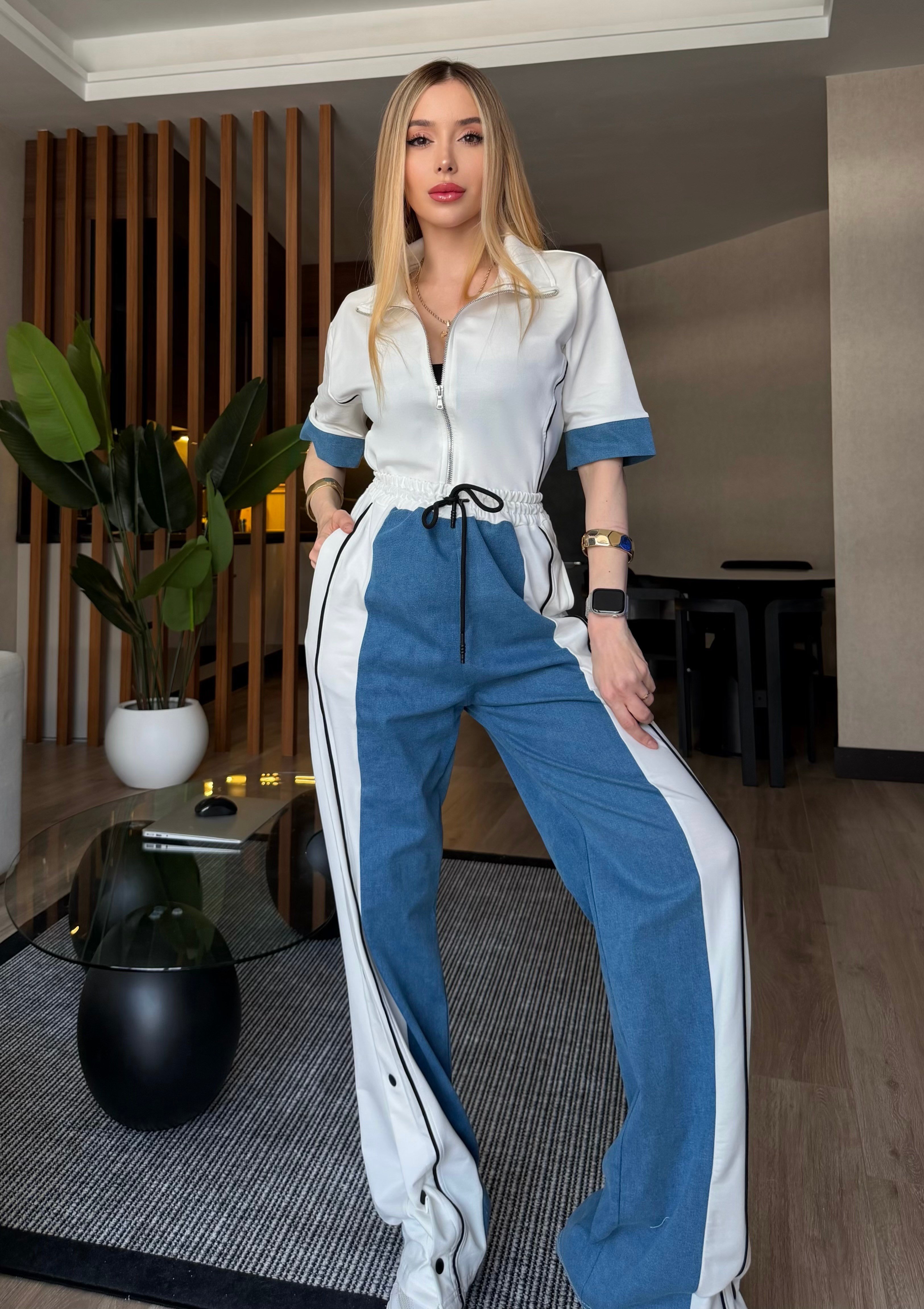 Denim Motion Çıtçıt Detaylı Tasarım Takım Beyaz