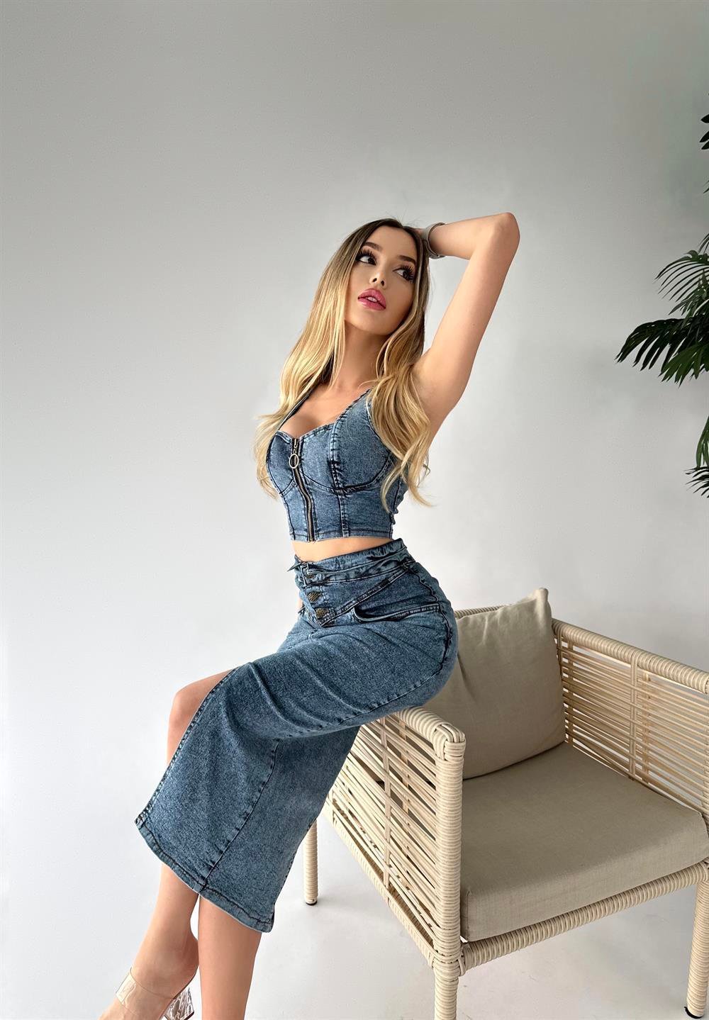 Düğme Detaylı İkili Kot Takım