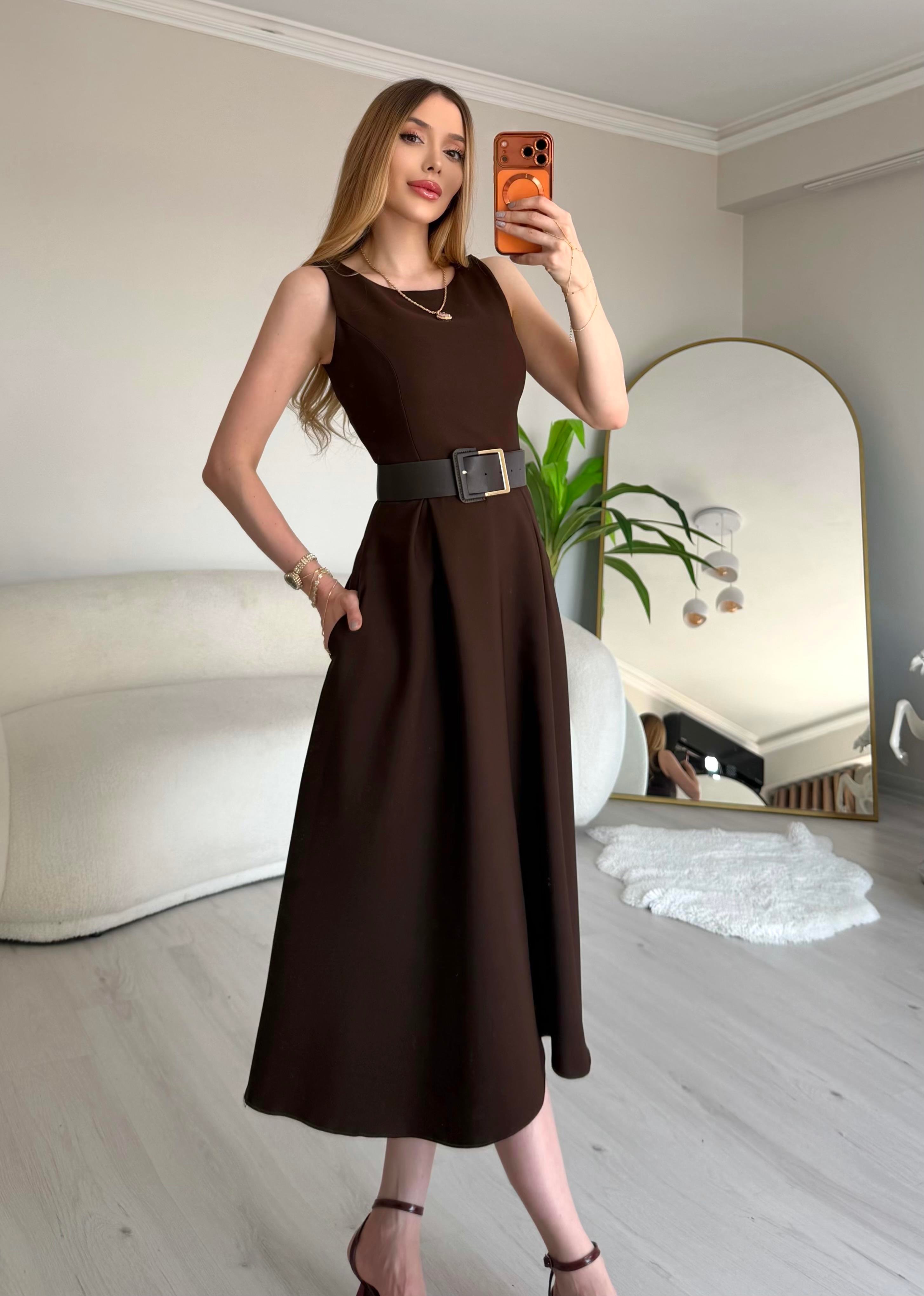 Elegance Flow Halter Kemerli Midi Dress Kahve