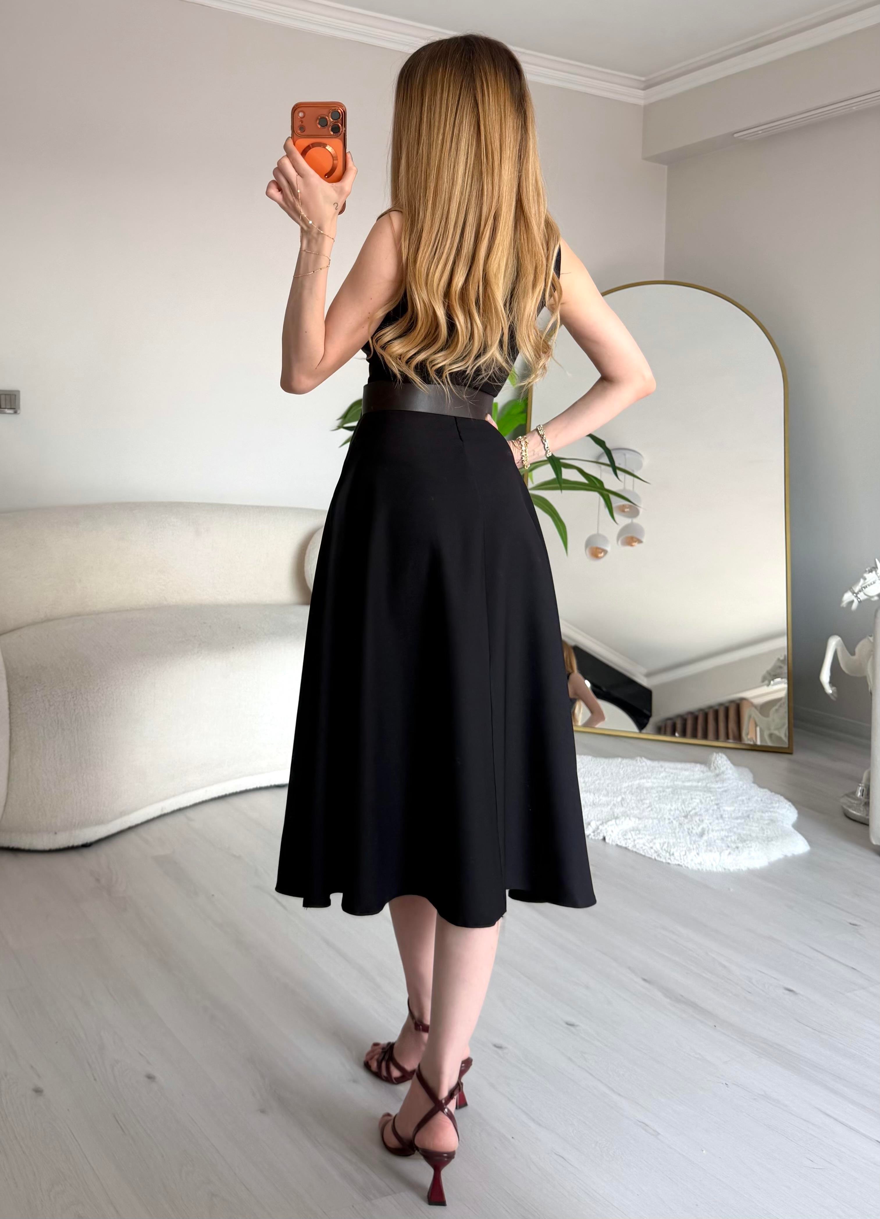 Elegance Flow Halter Kemerli Midi Dress Siyah
