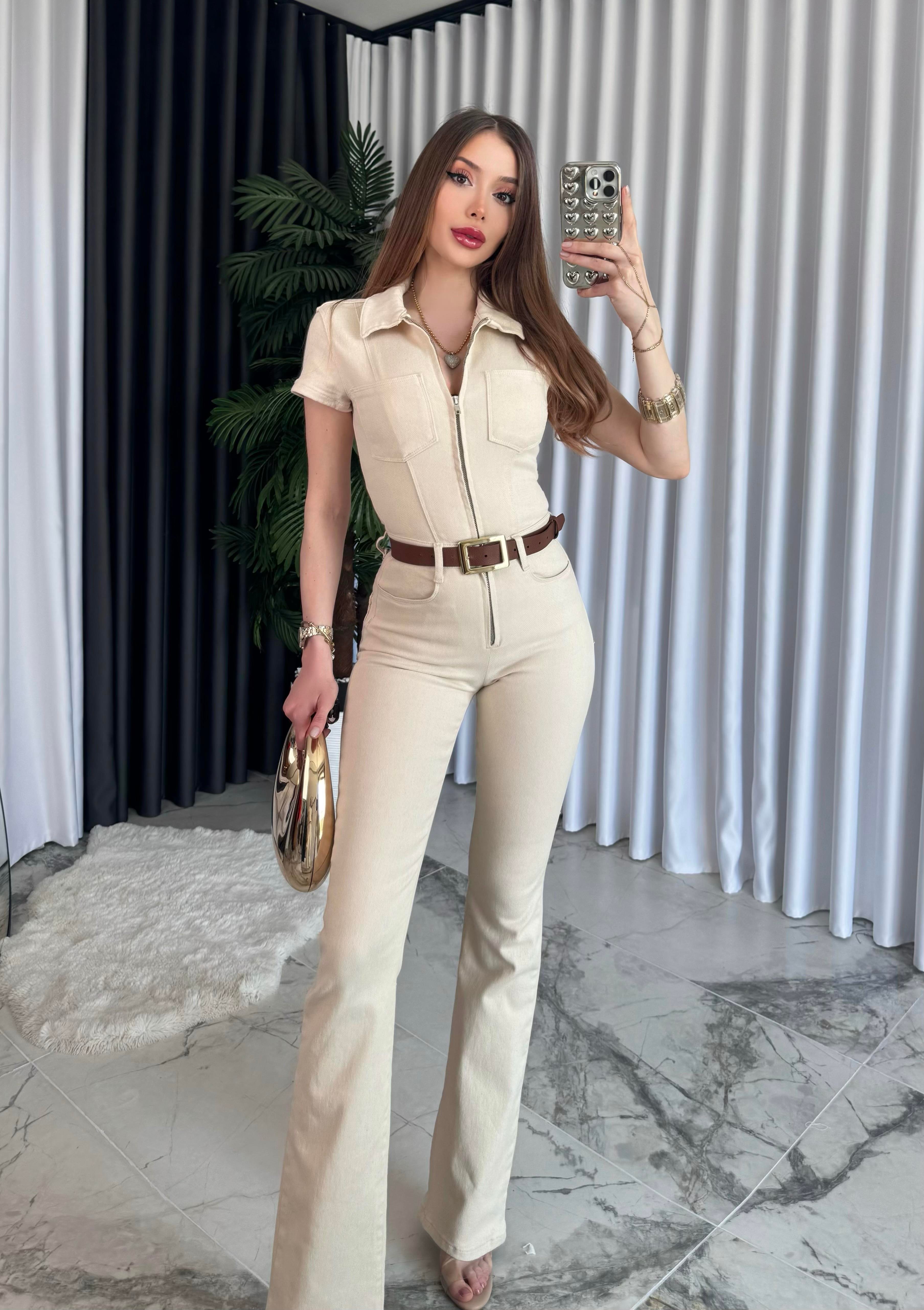 Essential Fit Vücuda Oturan Fermuarlı Vintage Tulum (Kemer Dahil Değildir)