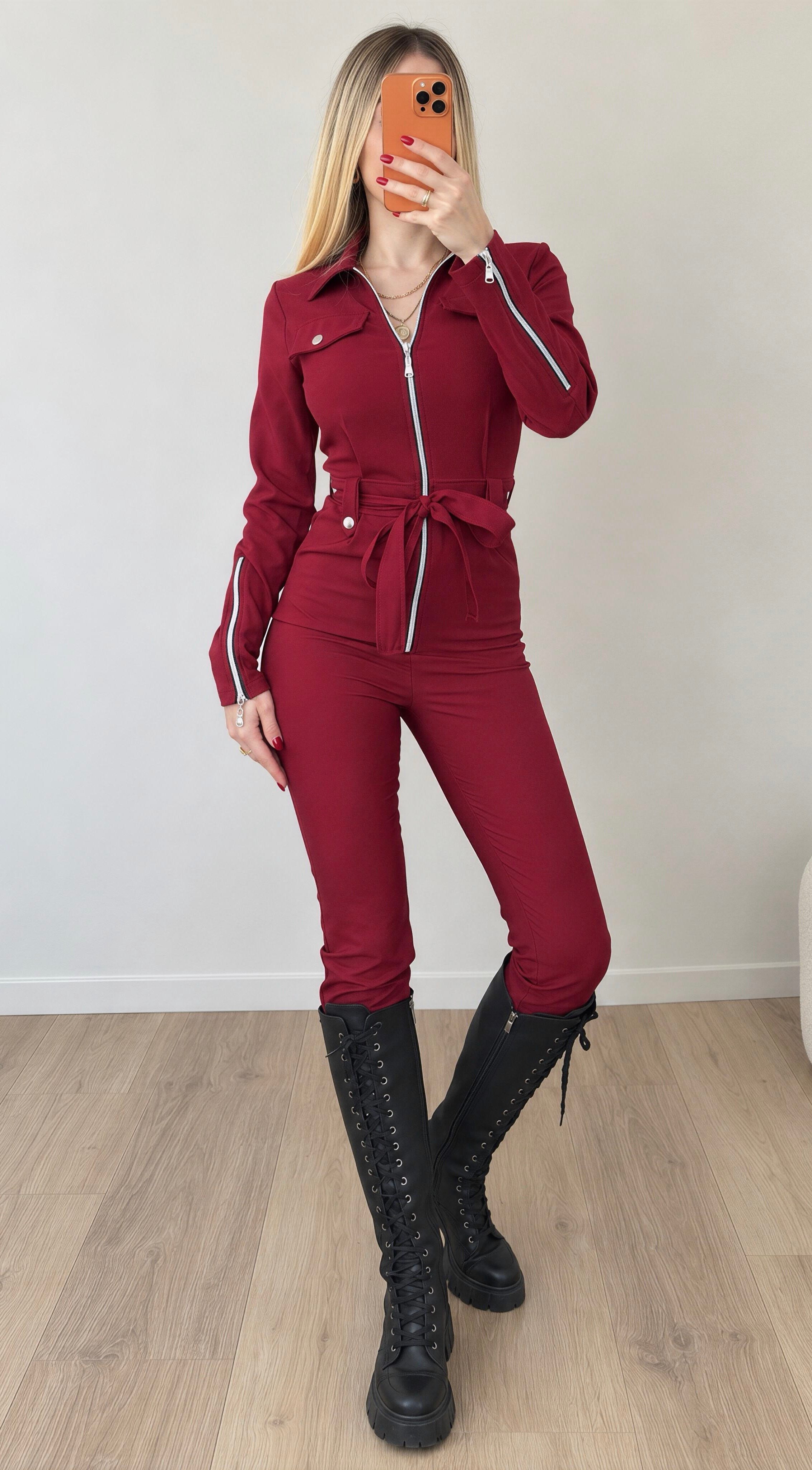 Fermuar Detaylı Kuşaklı Milano Street Tulum Bordo