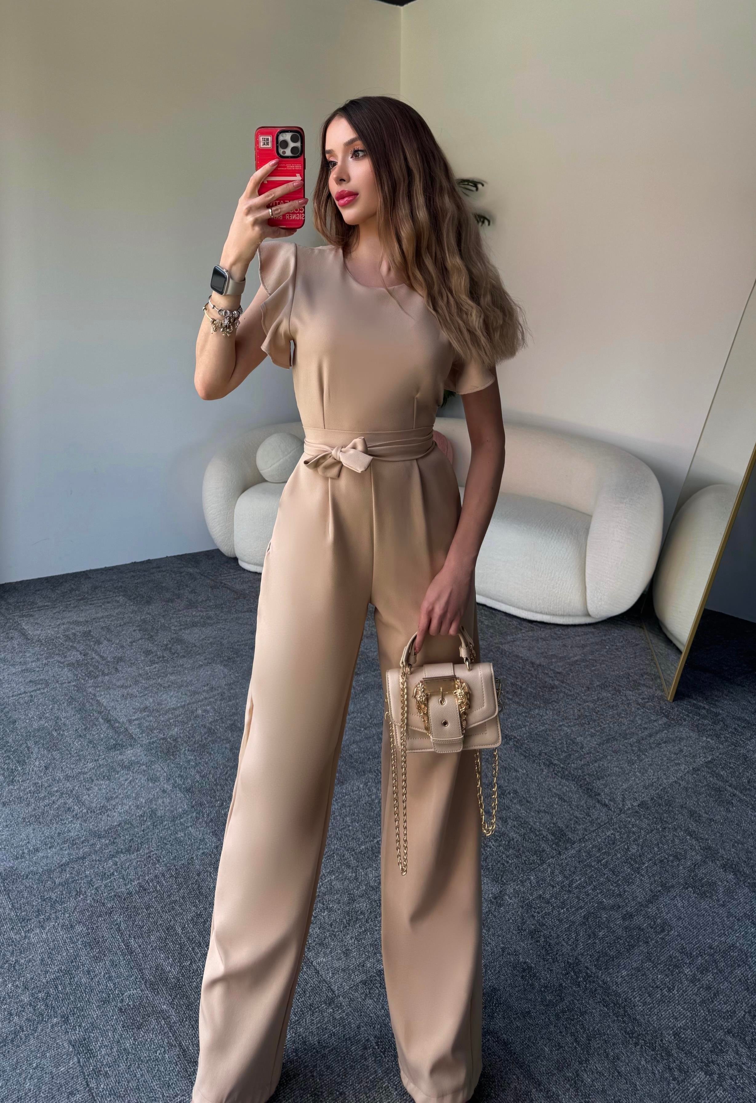 Fırfır Detaylı Kuşaklı Atlas Kumaş Nadia Tulum