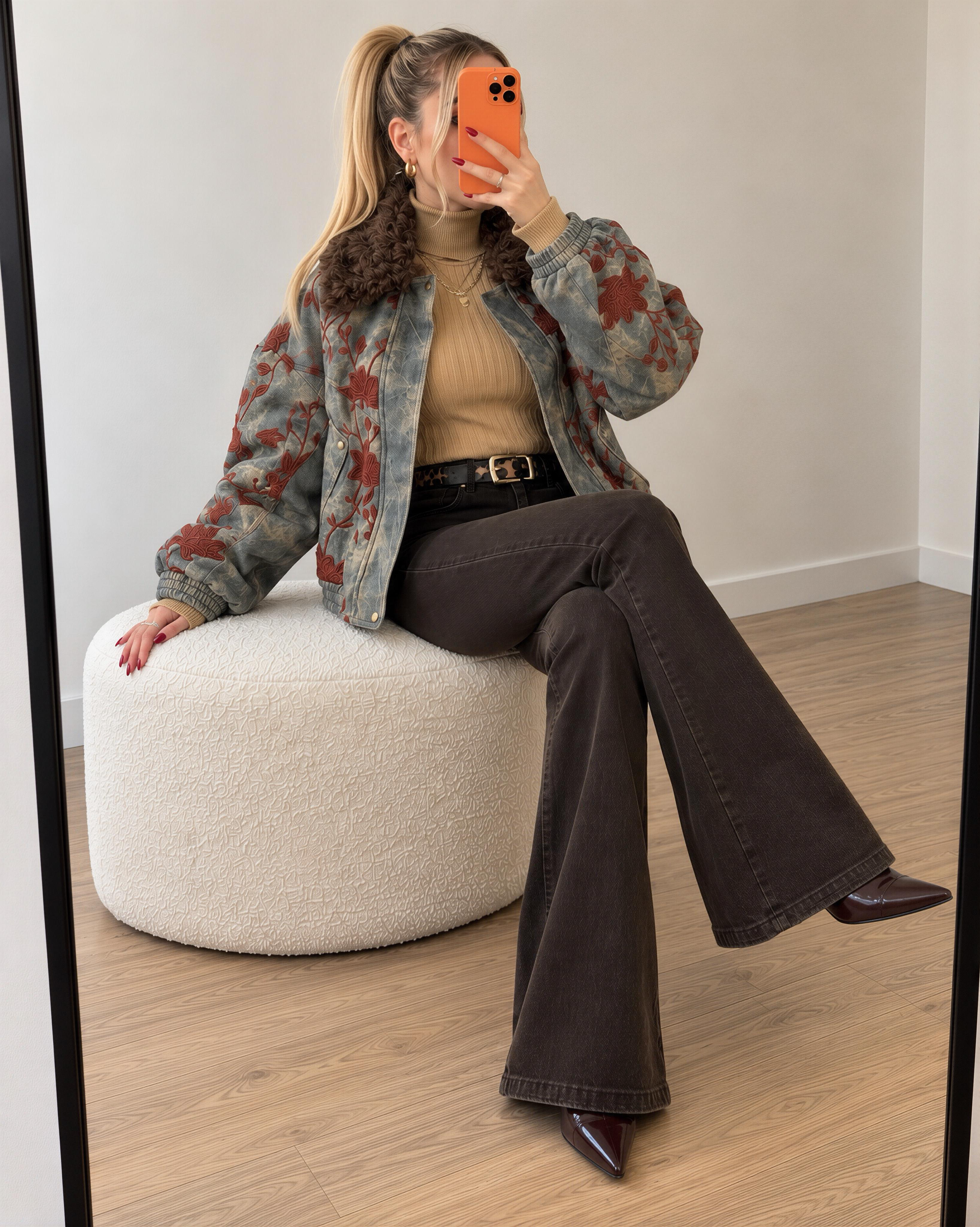 Flora Denim Effect Su Geçirmez Suni Deri Bomber Ceket