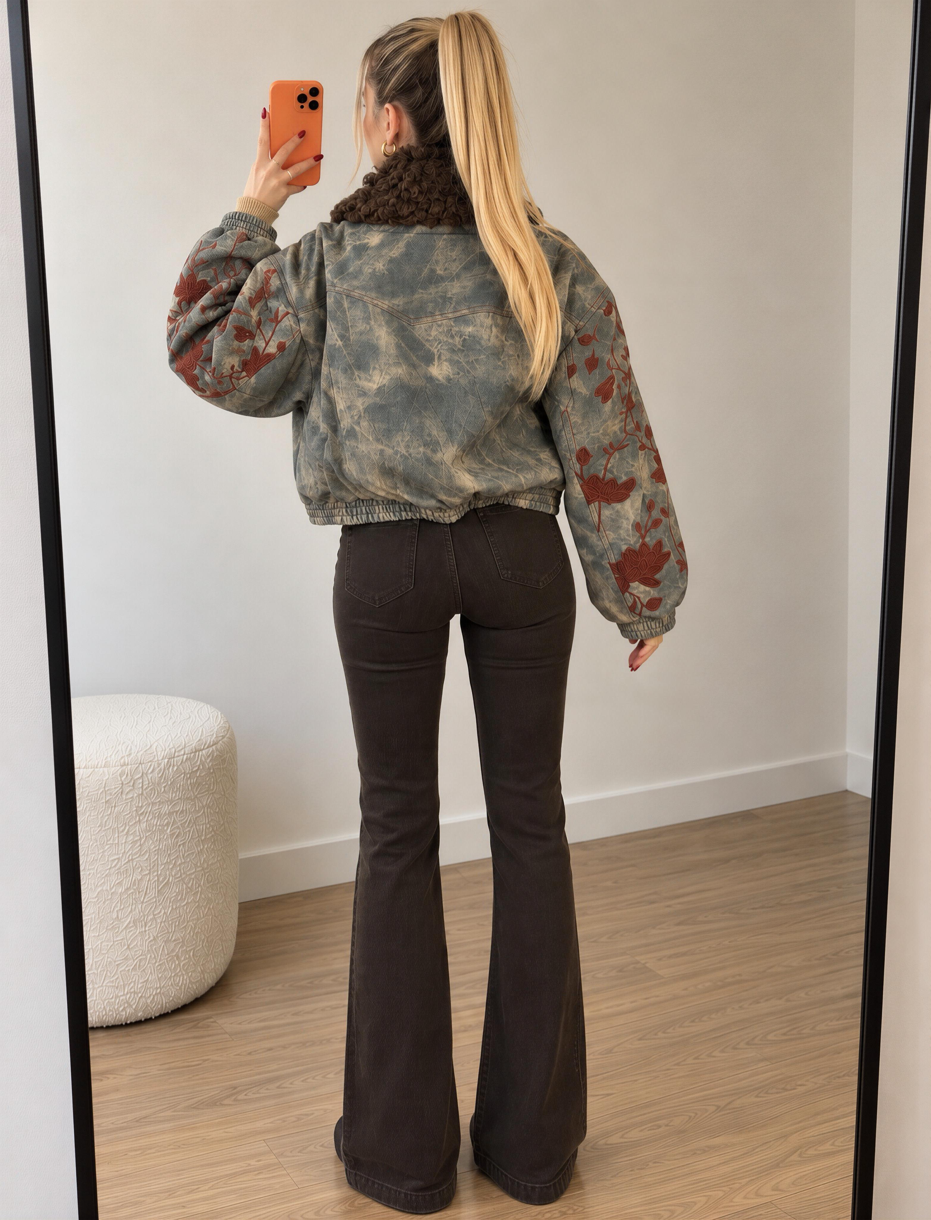 Flora Denim Effect Su Geçirmez Suni Deri Bomber Ceket
