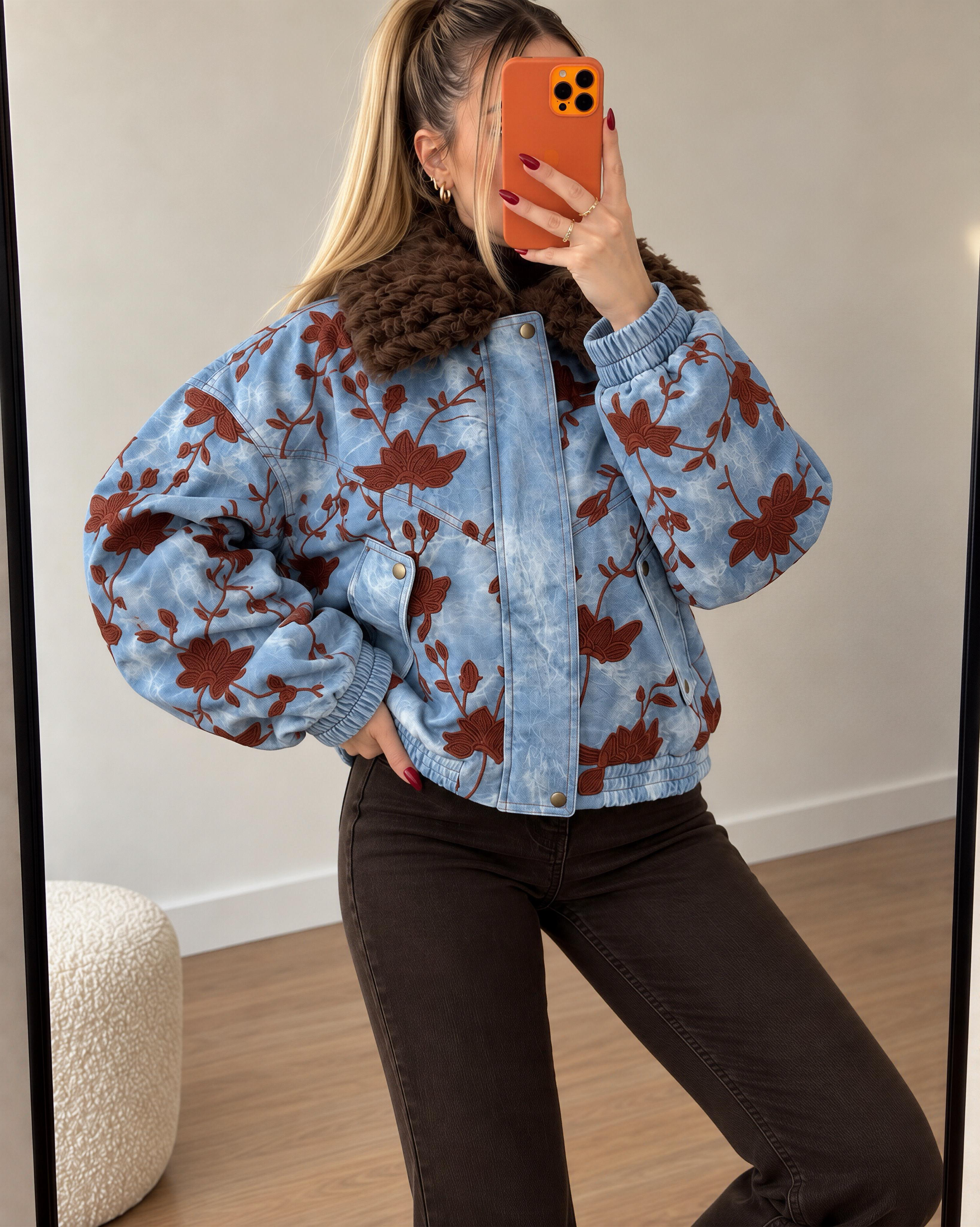 Flora Denim Effect Su Geçirmez Suni Deri Bomber Ceket