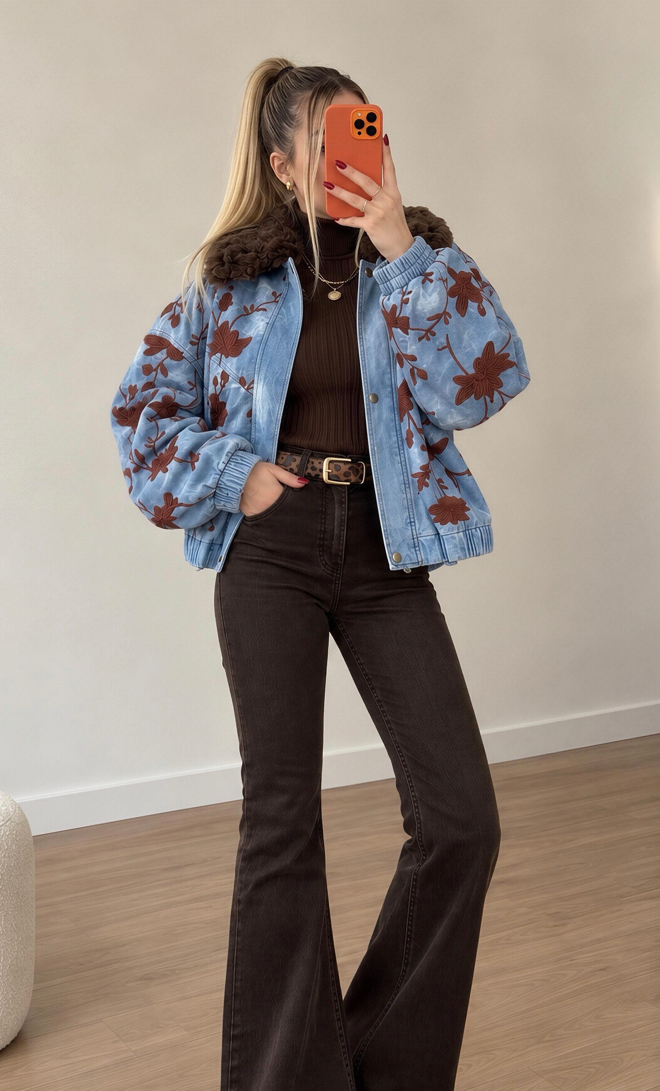Flora Denim Effect Su Geçirmez Suni Deri Bomber Ceket