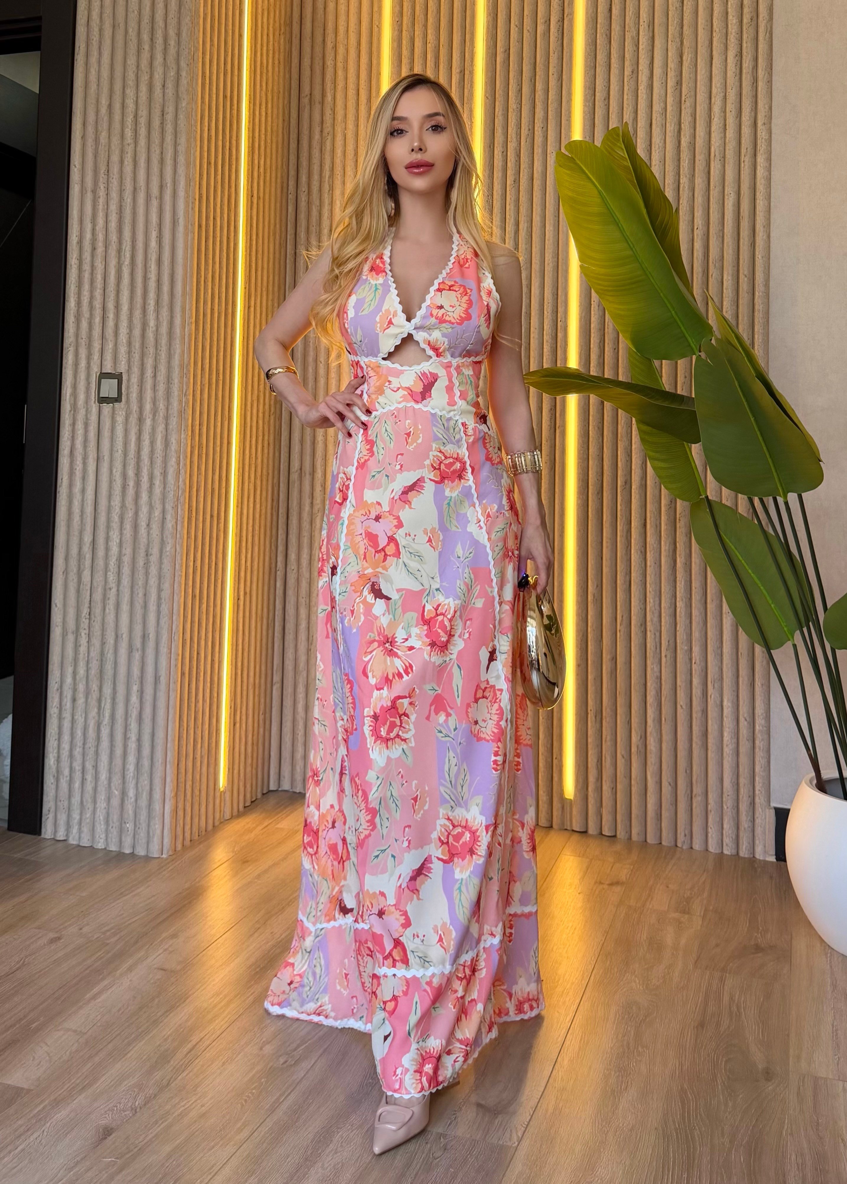 Flora Romance Sırt Bağlama Maxi Elbise