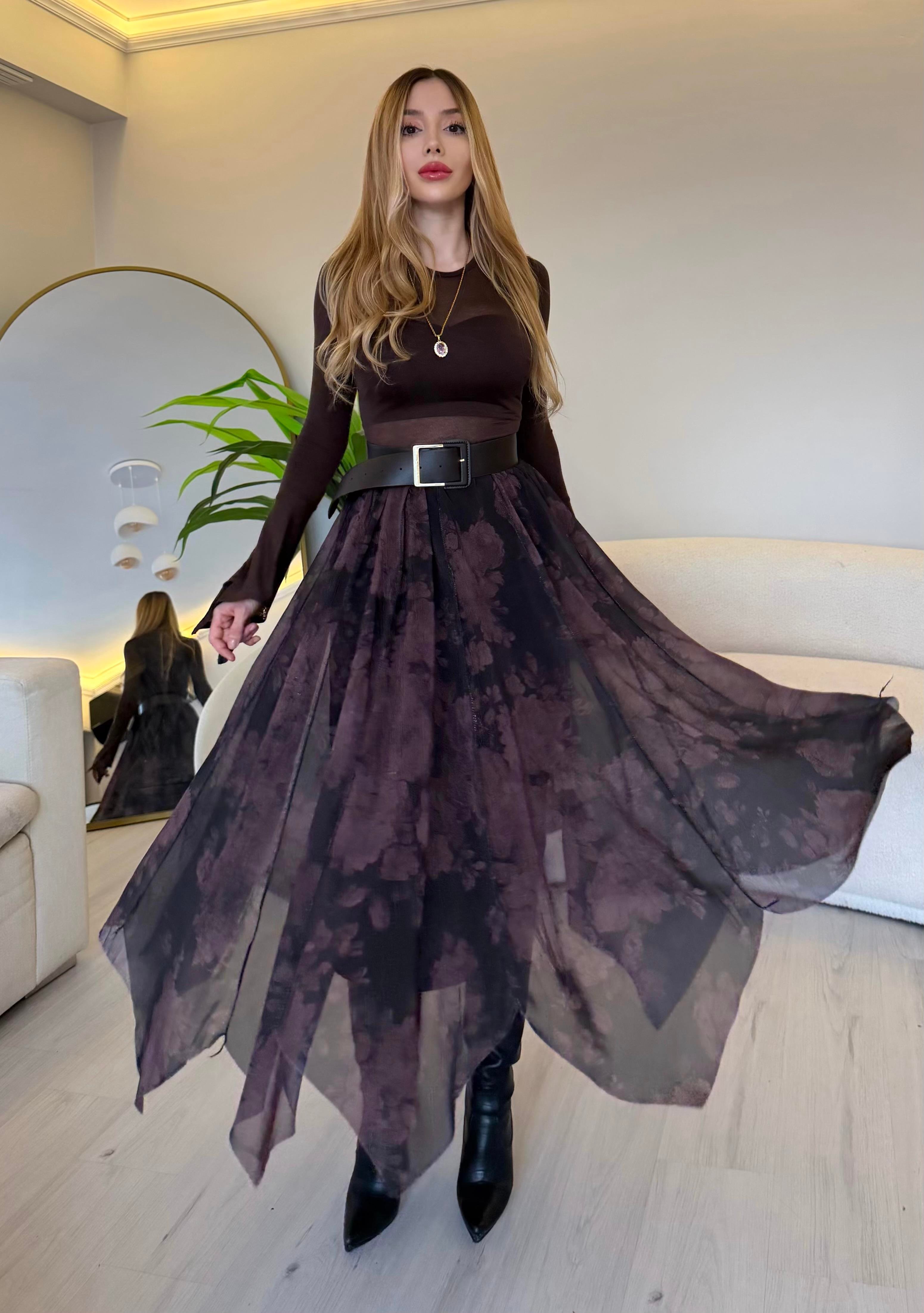 Floral Rose Asimetrik Şifon Etek (Kemer dahil değildir)