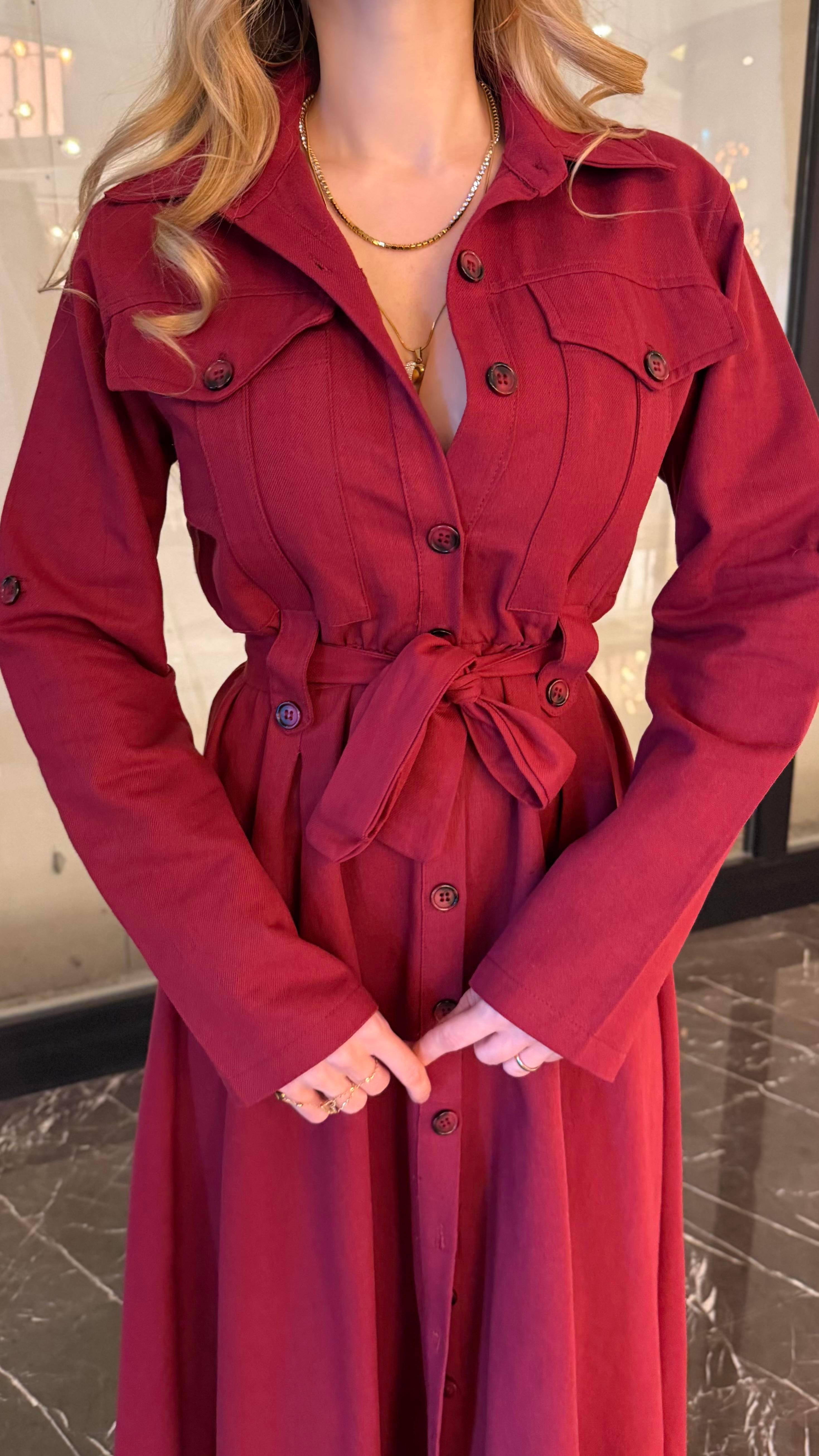 Gabardin Kumaş Düğme Ve Bağlama Detaylı Terra Elbise Bordo
