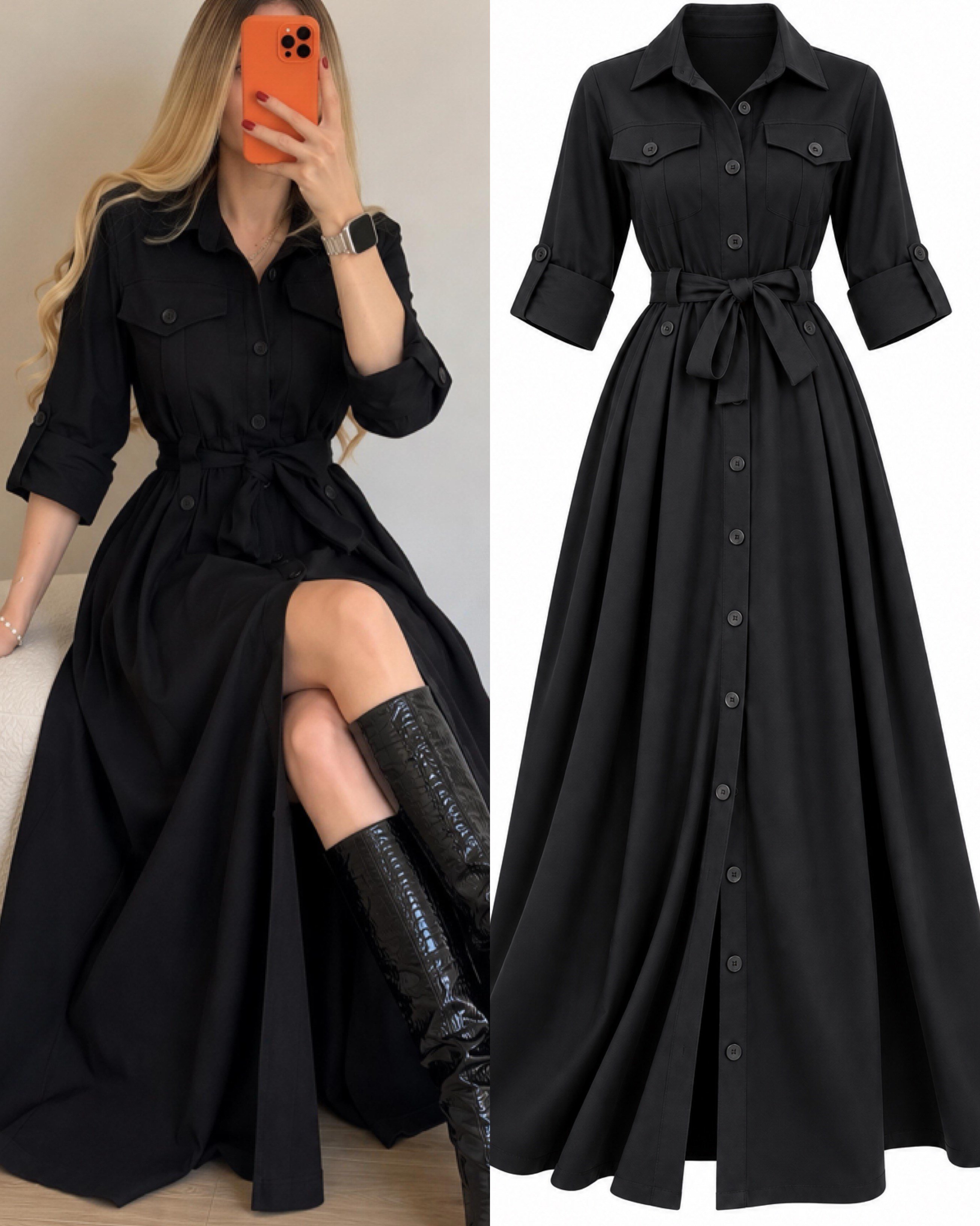 Gabardin Kumaş Düğme Ve Bağlama Detaylı Terra Elbise