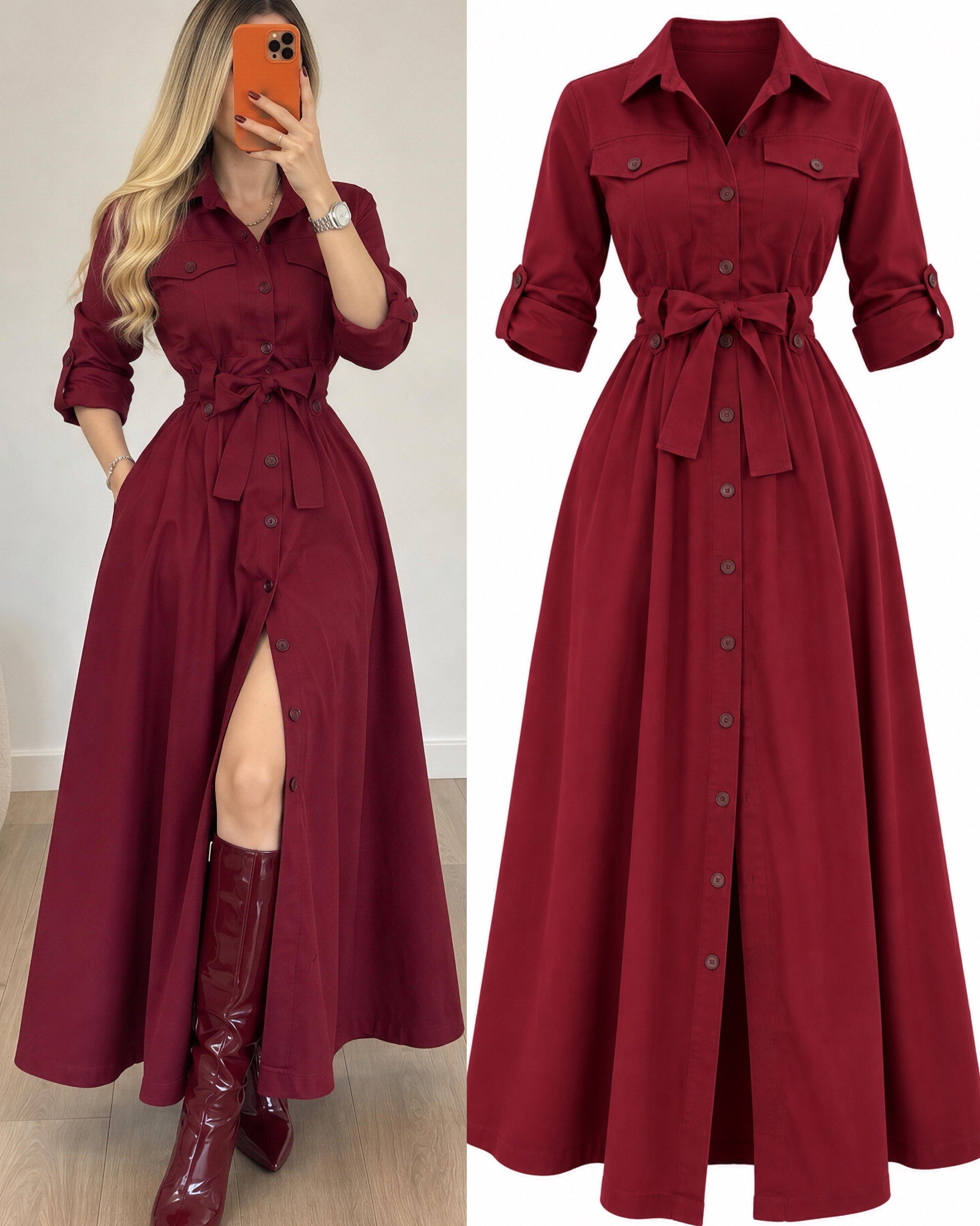 Gabardin Kumaş Düğme Ve Bağlama Detaylı Terra Elbise