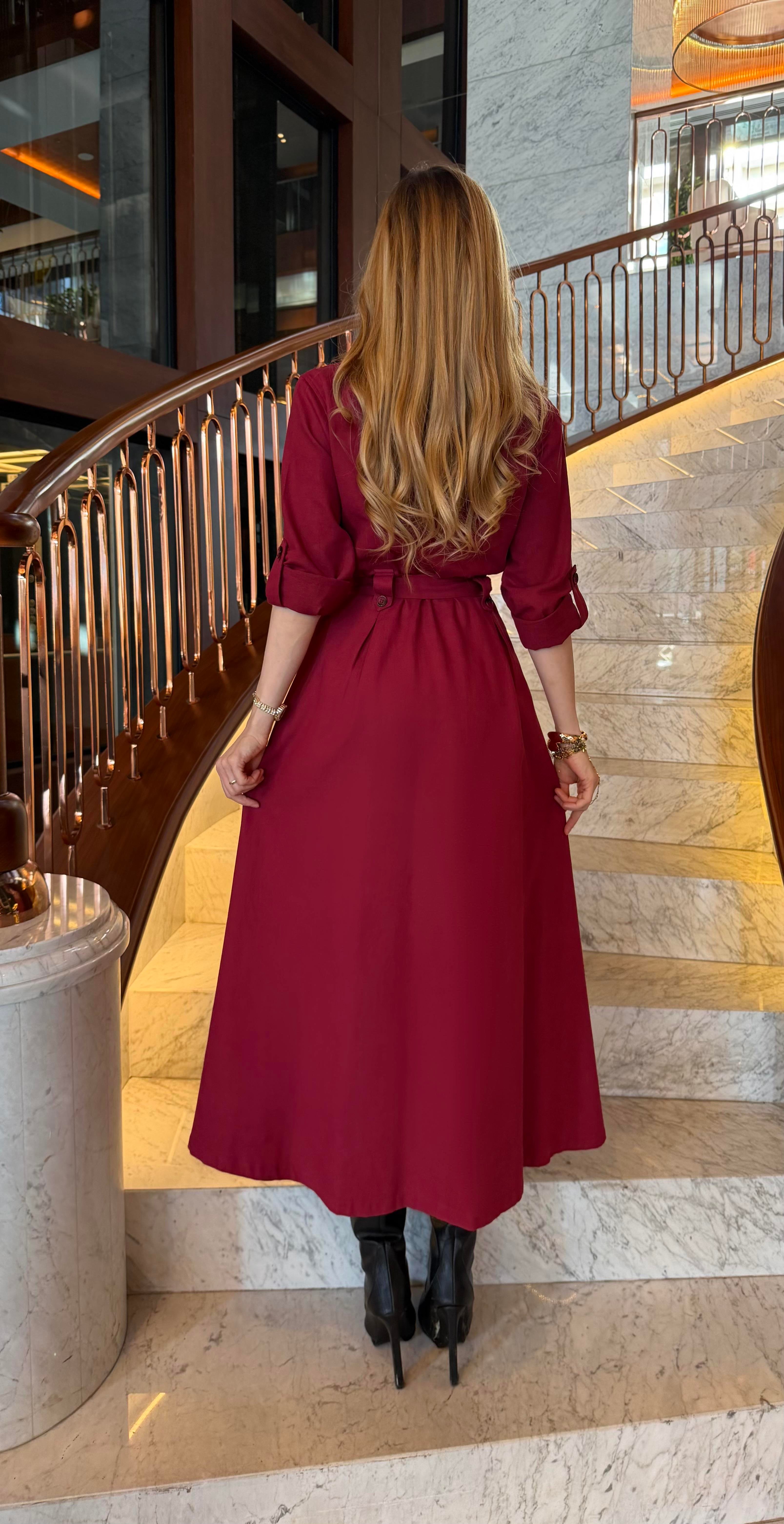 Gabardin Kumaş Düğme Ve Bağlama Detaylı Terra Elbise Bordo