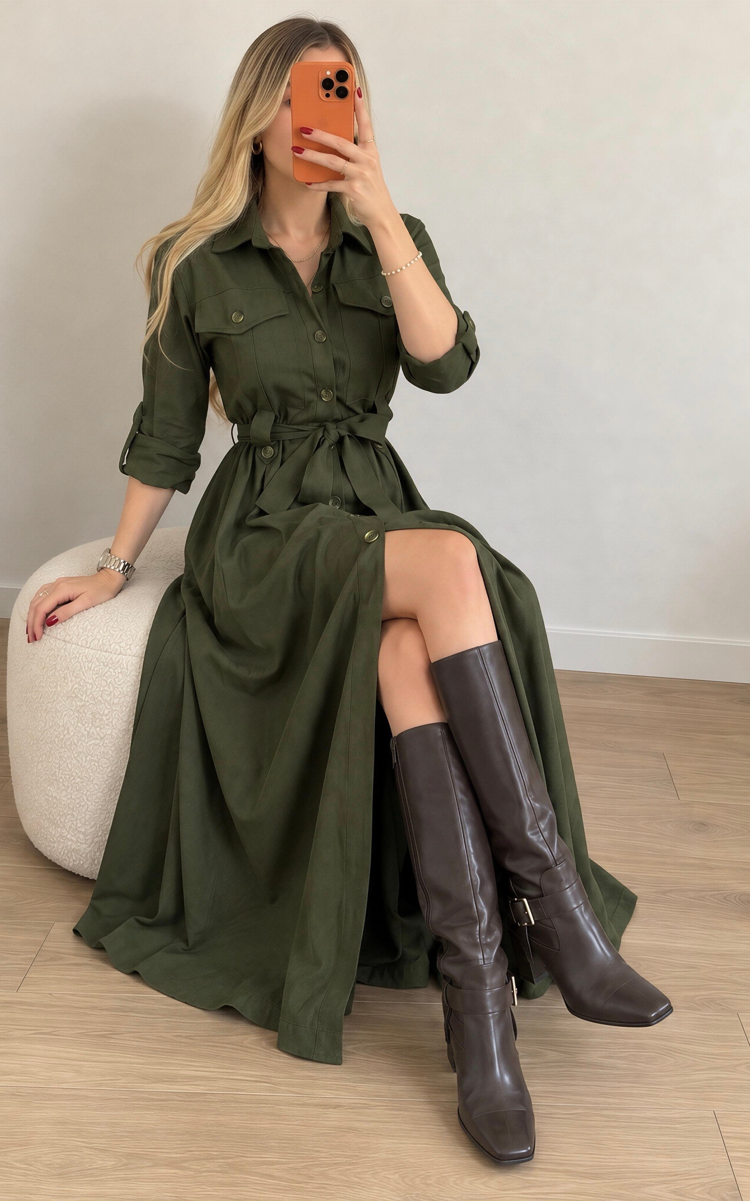 Gabardin Kumaş Düğme Ve Bağlama Detaylı Terra Elbise