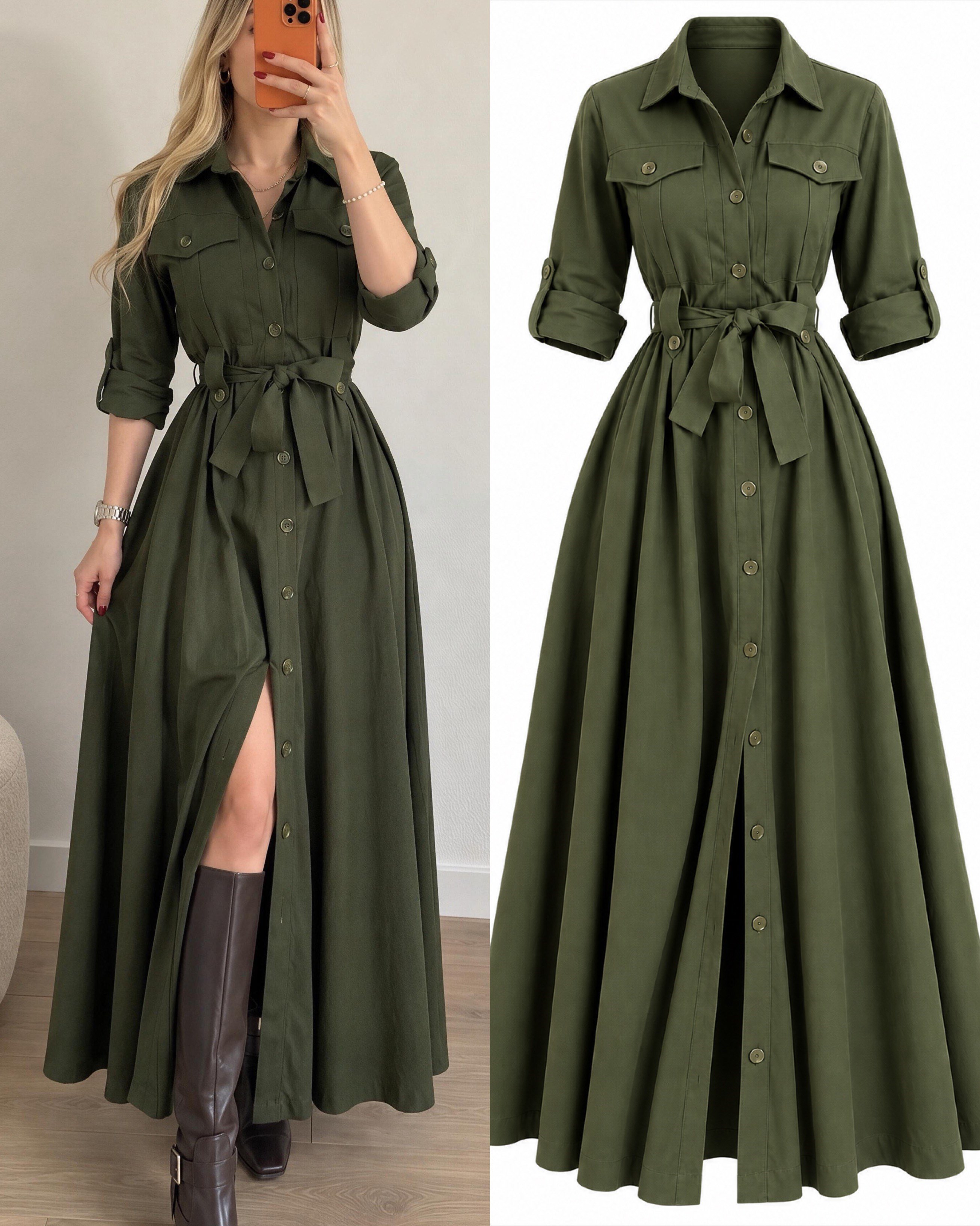 Gabardin Kumaş Düğme Ve Bağlama Detaylı Terra Elbise
