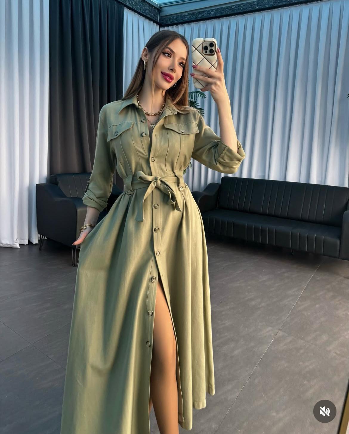 Gabardin Kumaş Düğme Ve Bağlama Detaylı Terra Elbise Haki