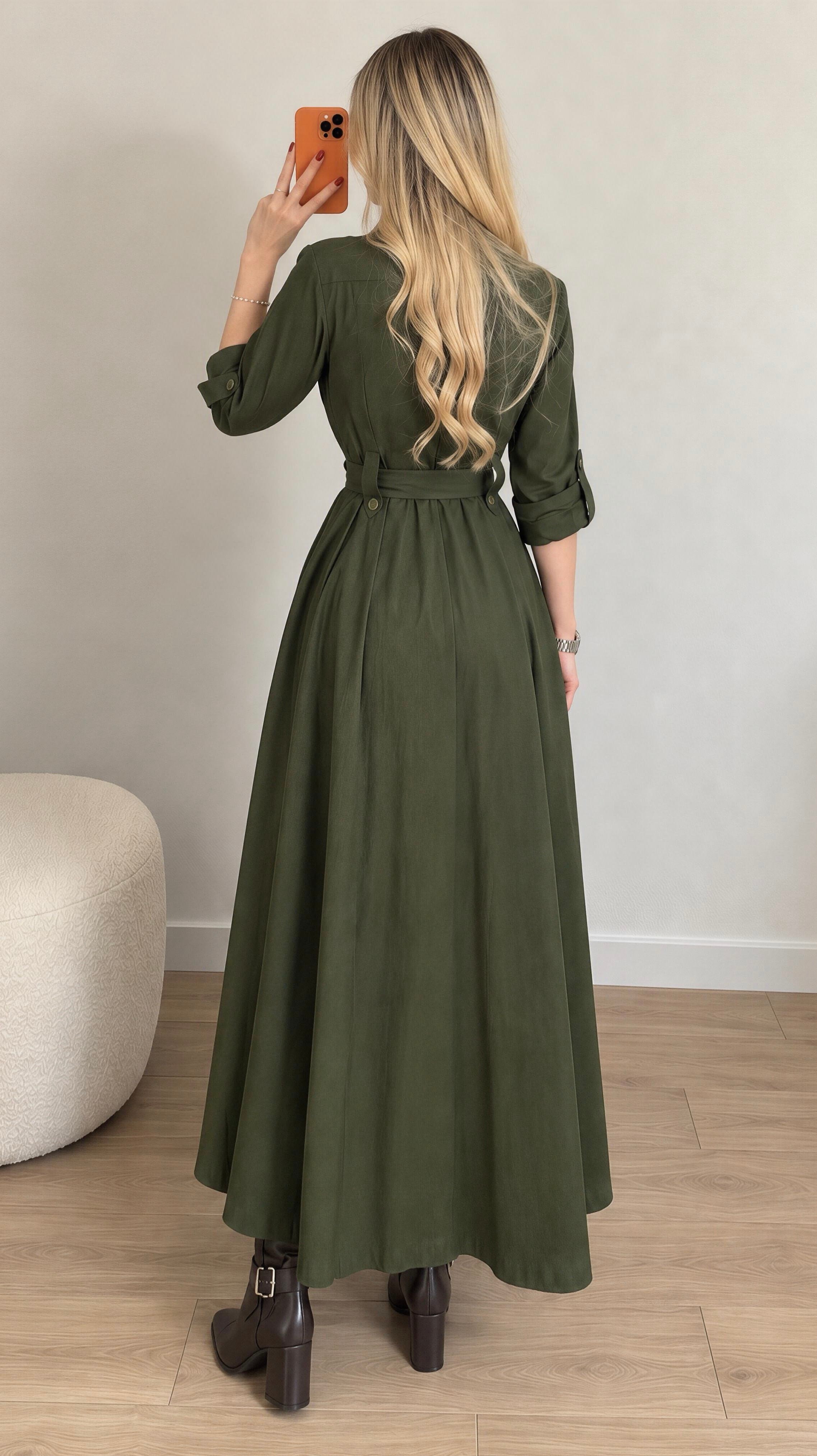Gabardin Kumaş Düğme Ve Bağlama Detaylı Terra Elbise
