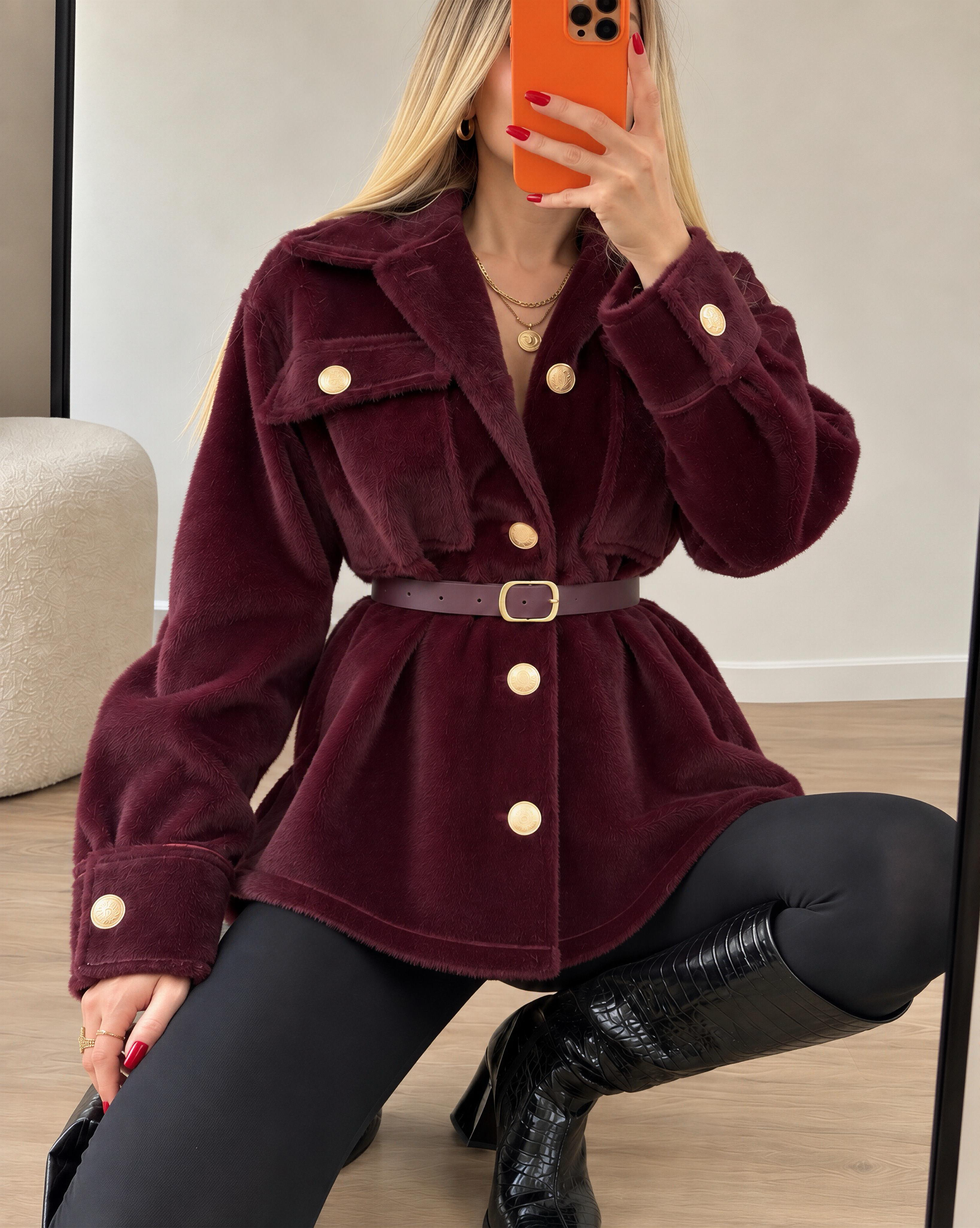 Gold Fox Kemerli Peluş Dokulu Gömlek Ceket