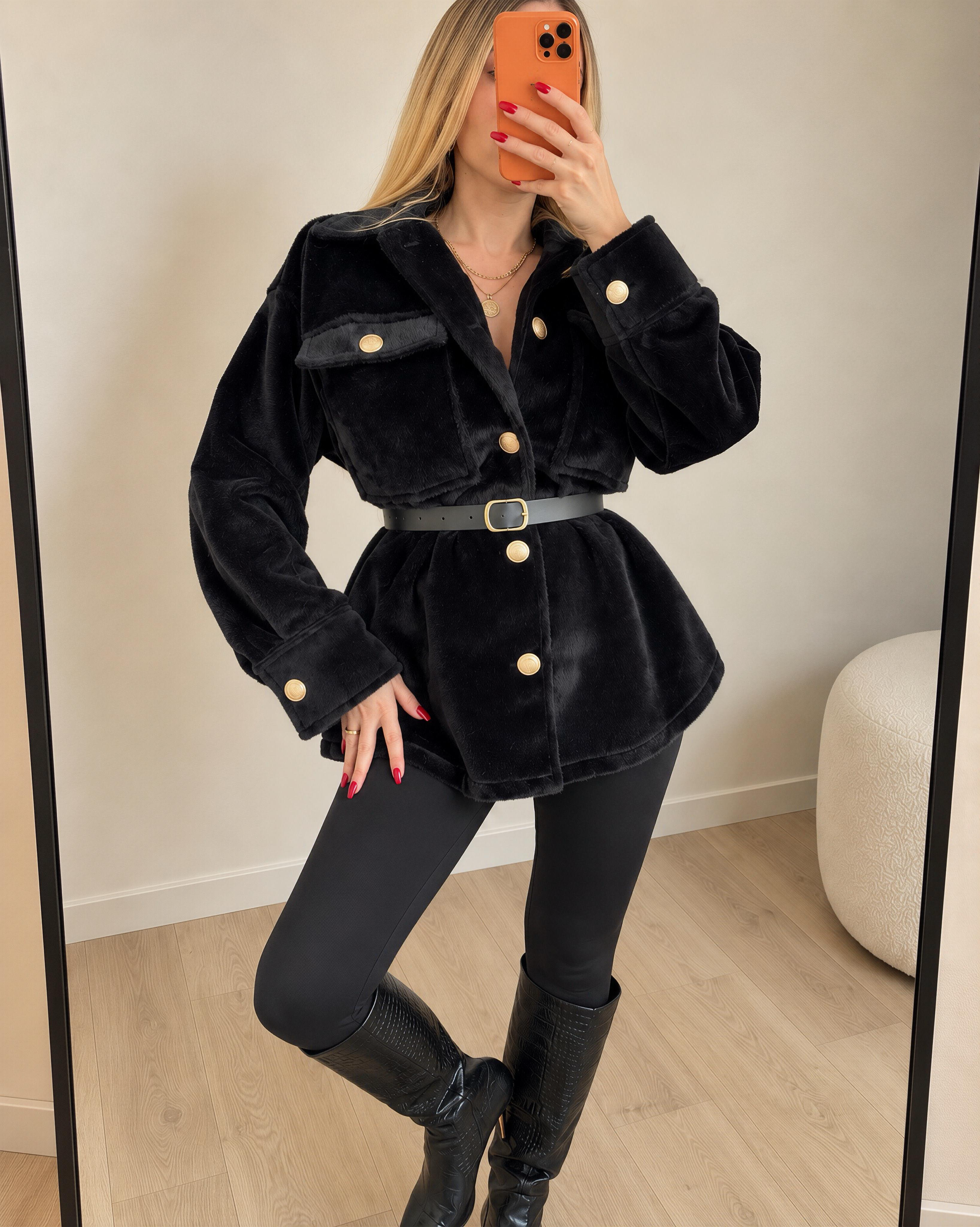 Gold Fox Kemerli Peluş Dokulu Gömlek Ceket