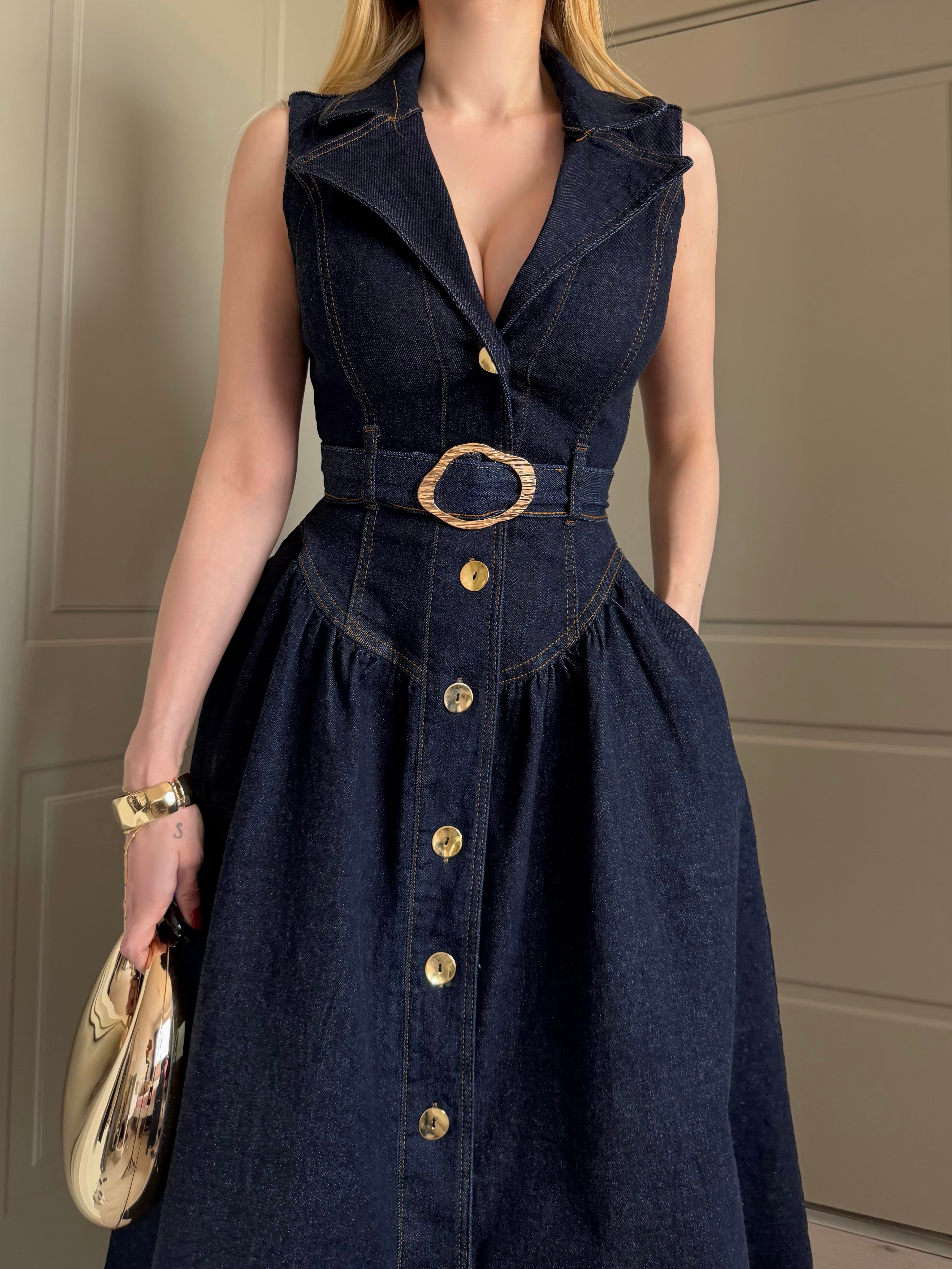 Gold Kemerli Denim Elegance Elbise