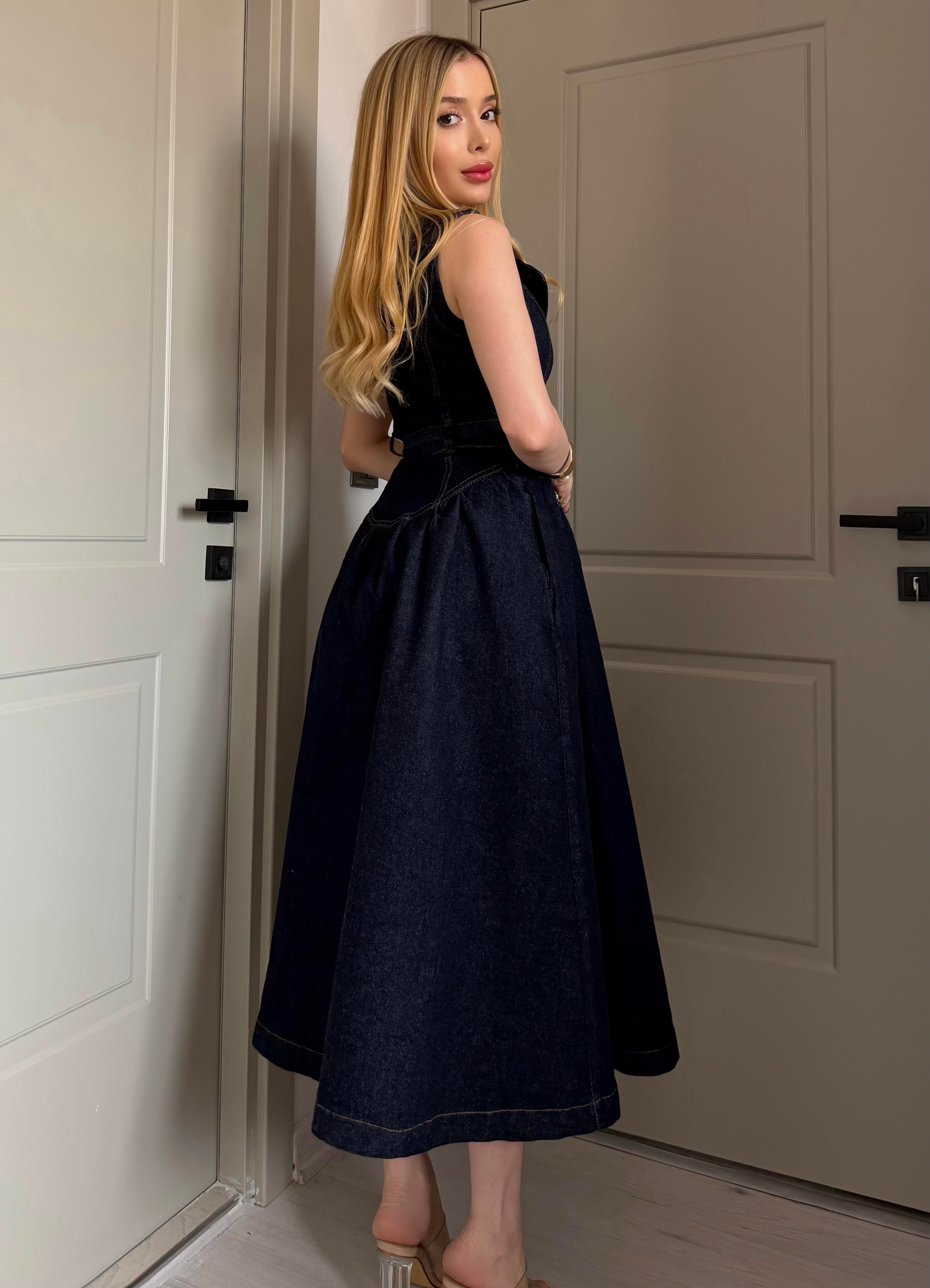 Gold Kemerli Denim Elegance Elbise
