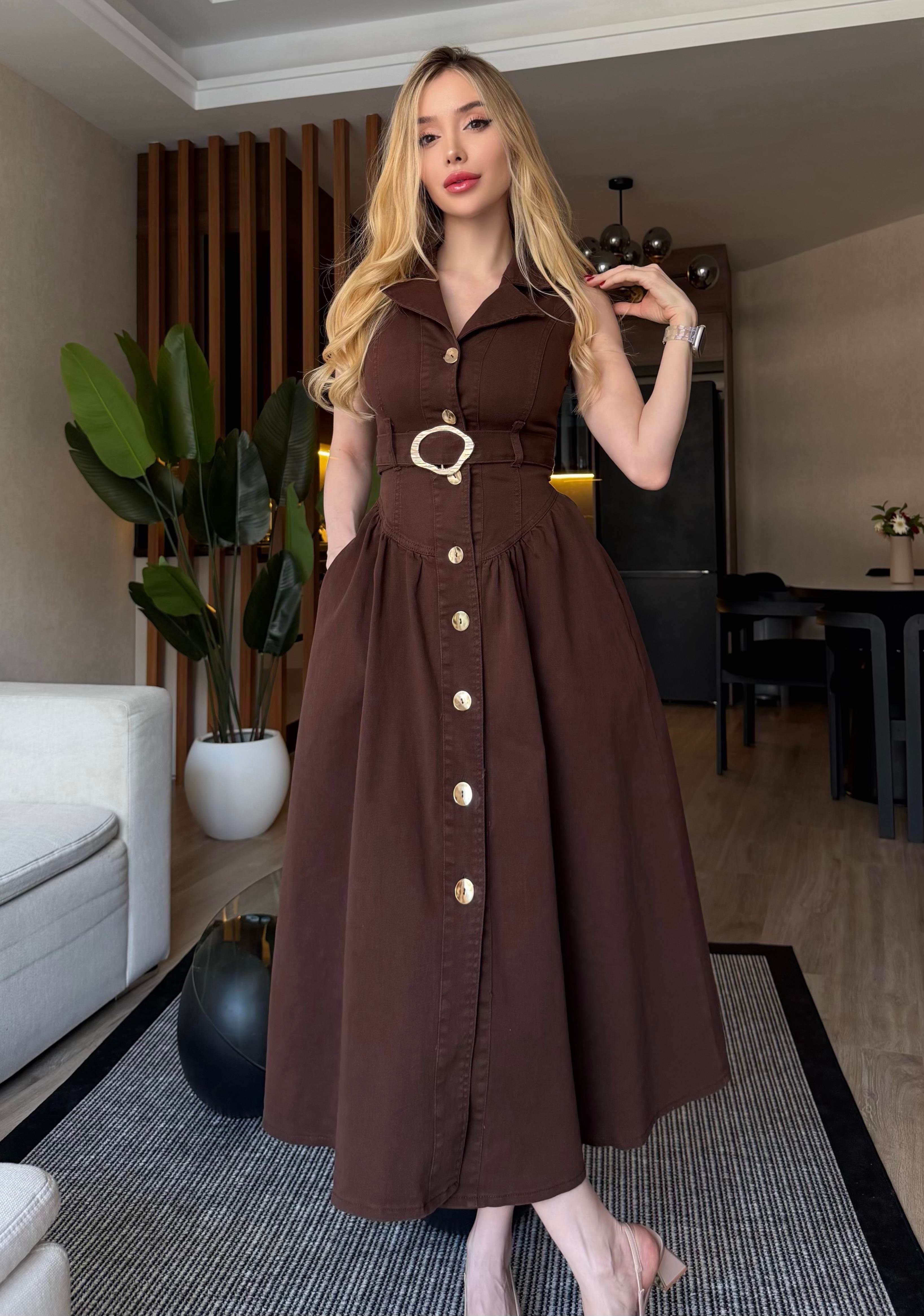 Gold Kemerli Denim Elegance Elbise Kahve
