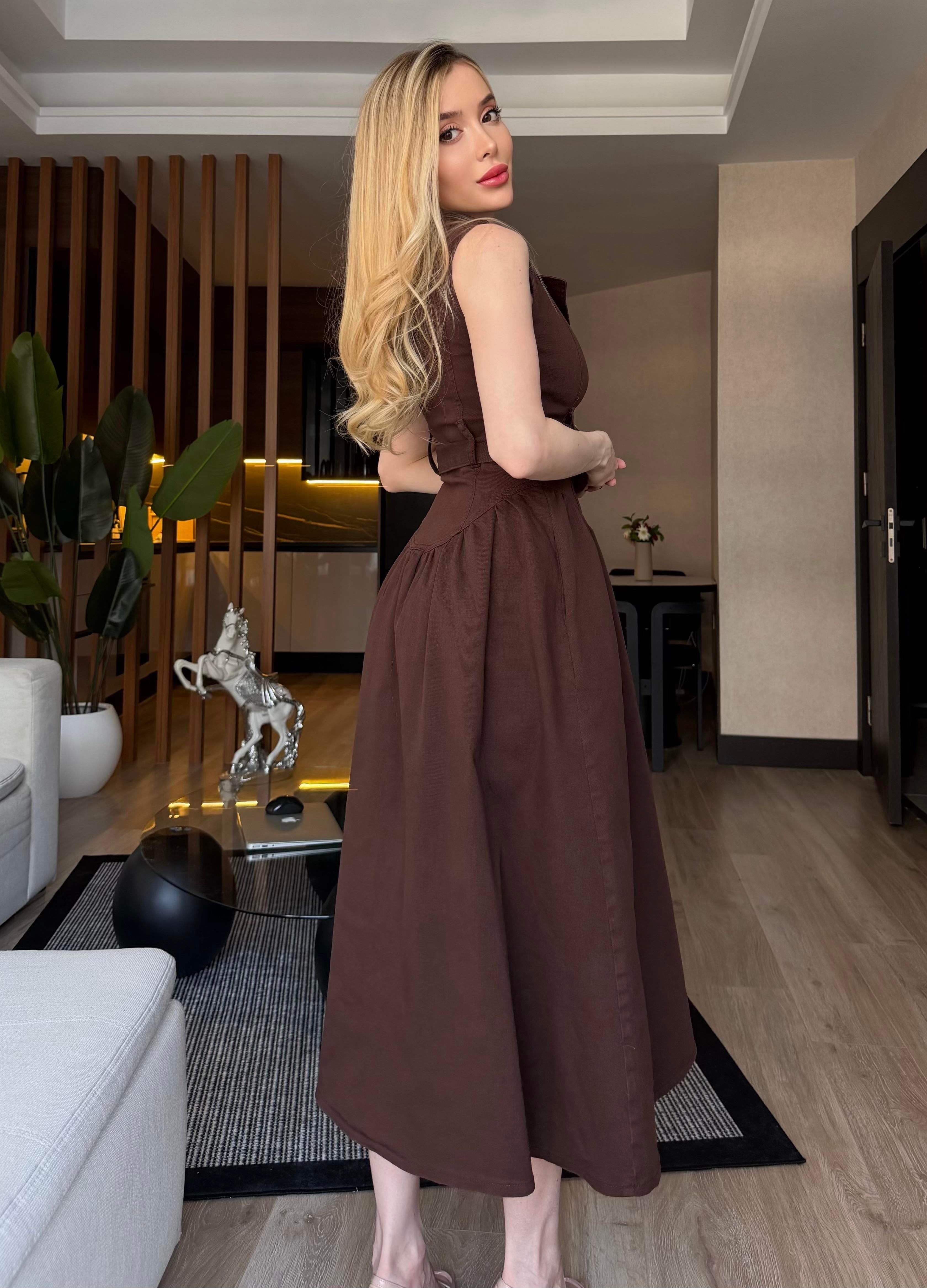 Gold Kemerli Denim Elegance Elbise Kahve