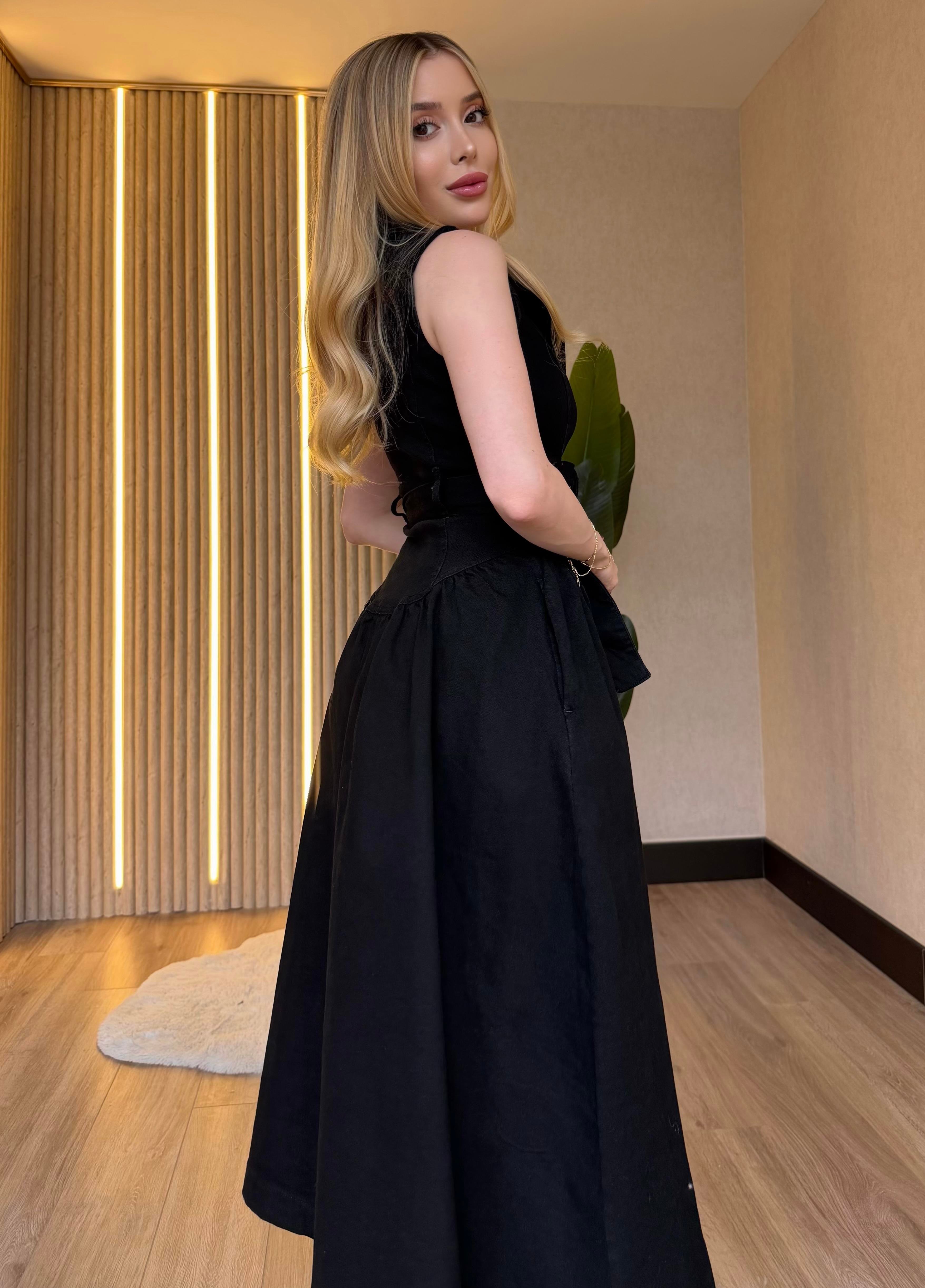 Gold Kemerli Denim Elegance Elbise Siyah