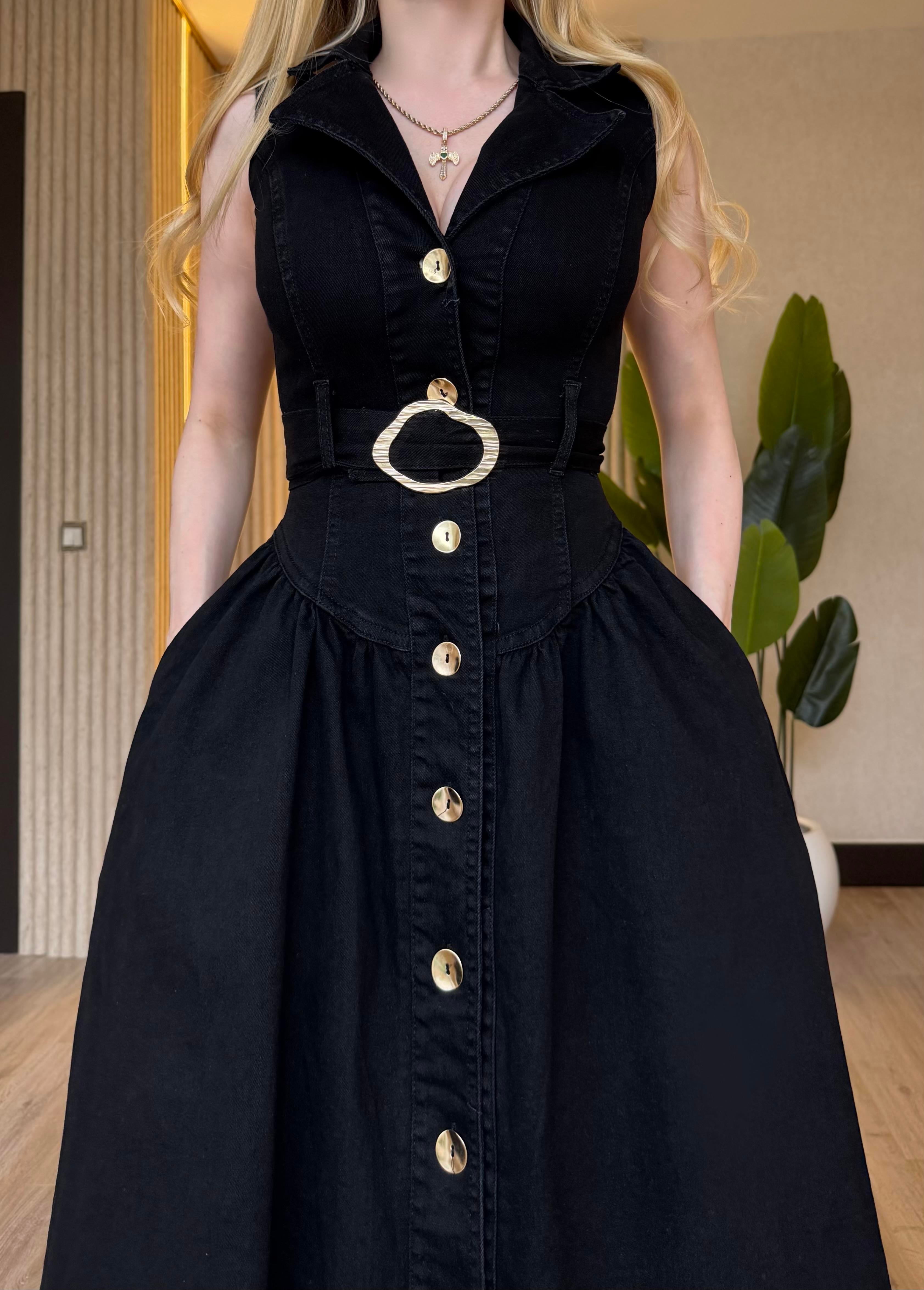 Gold Kemerli Denim Elegance Elbise Siyah